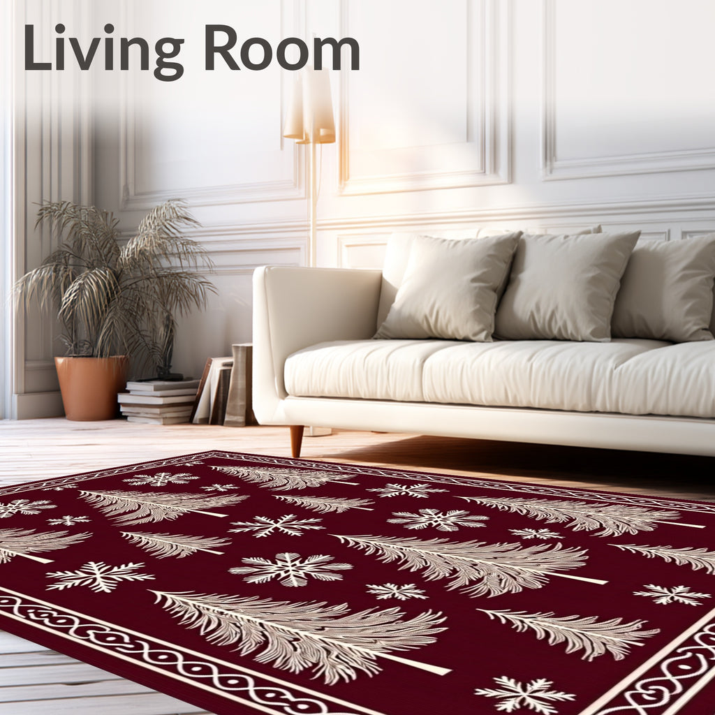 Deep Red Pinecone Snowflake Border Rug