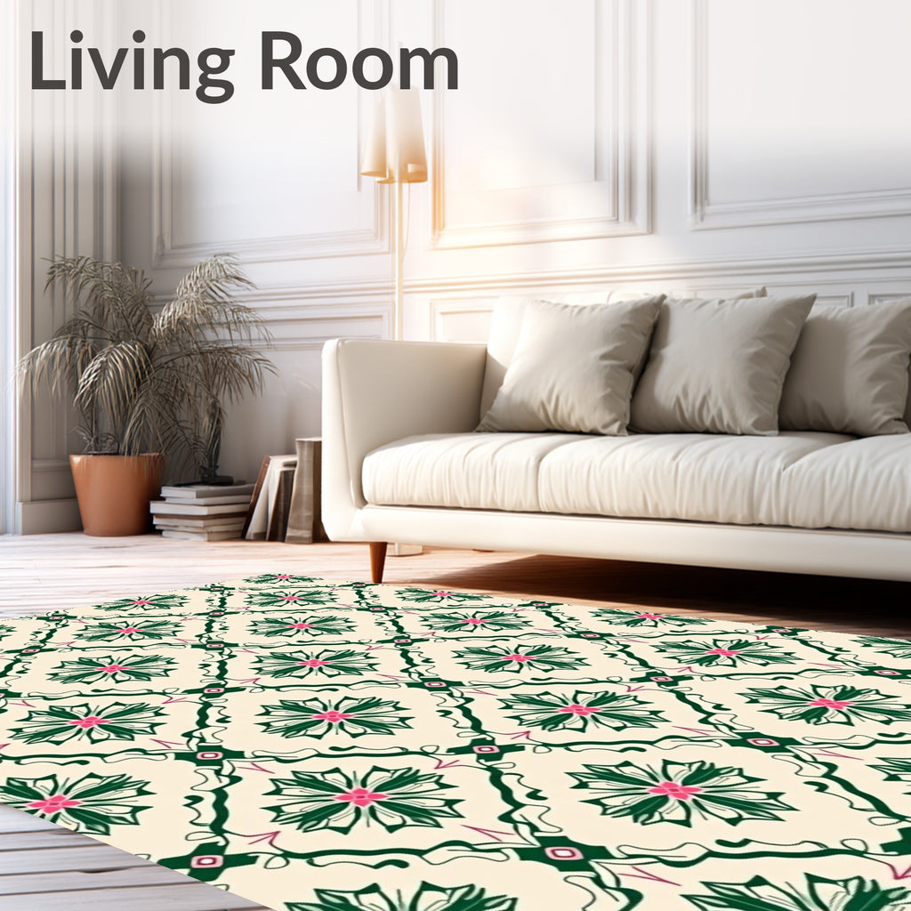 Cream Green Pink Floral Medallion Rug