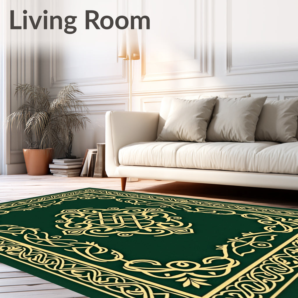 Emerald Golden Interlocking Knot Border Rug