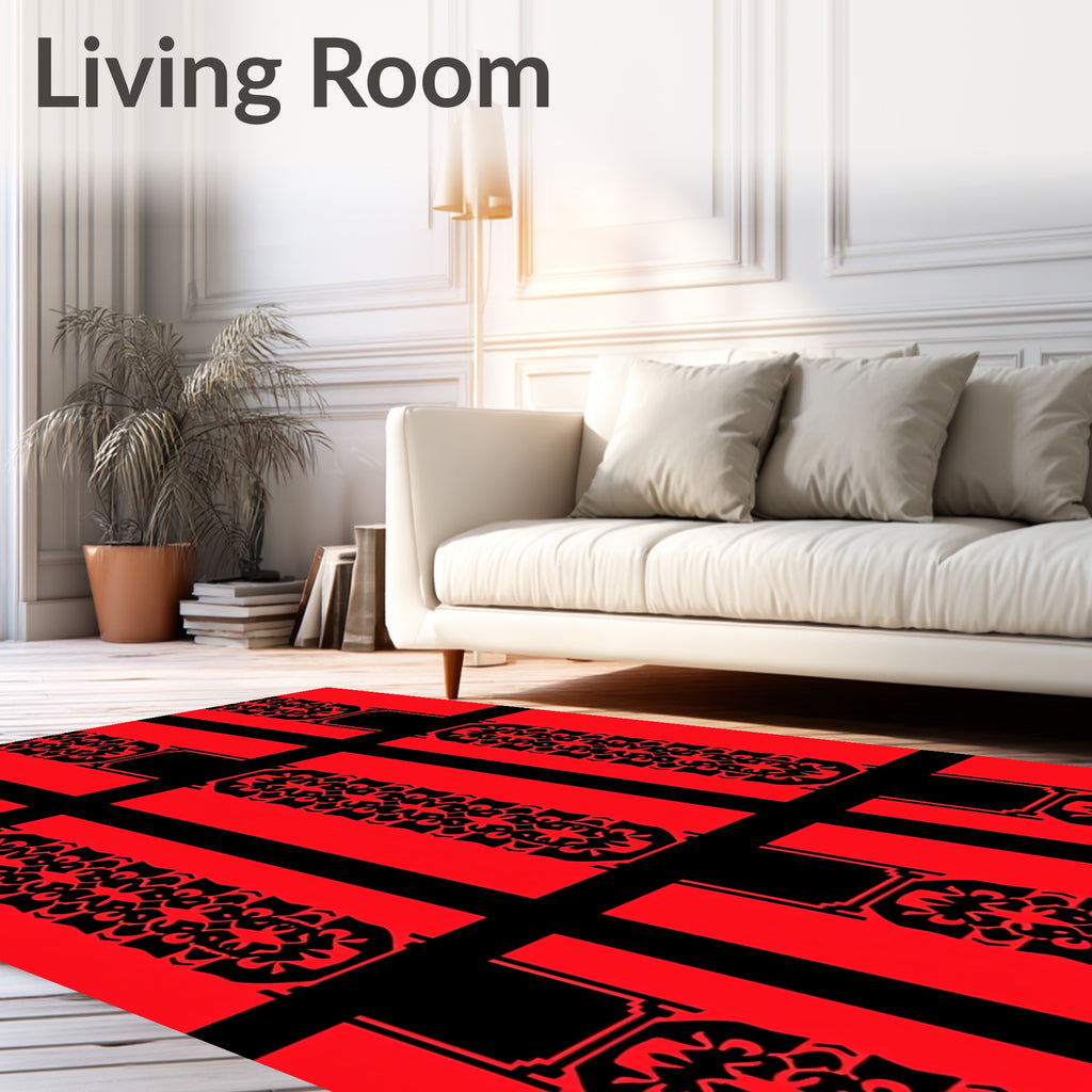 Crimson Red Geometric Lattice Panel Rug