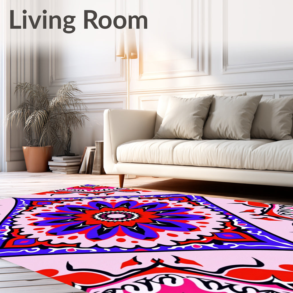 Bold Crimson Blue Radial Bloom Rug