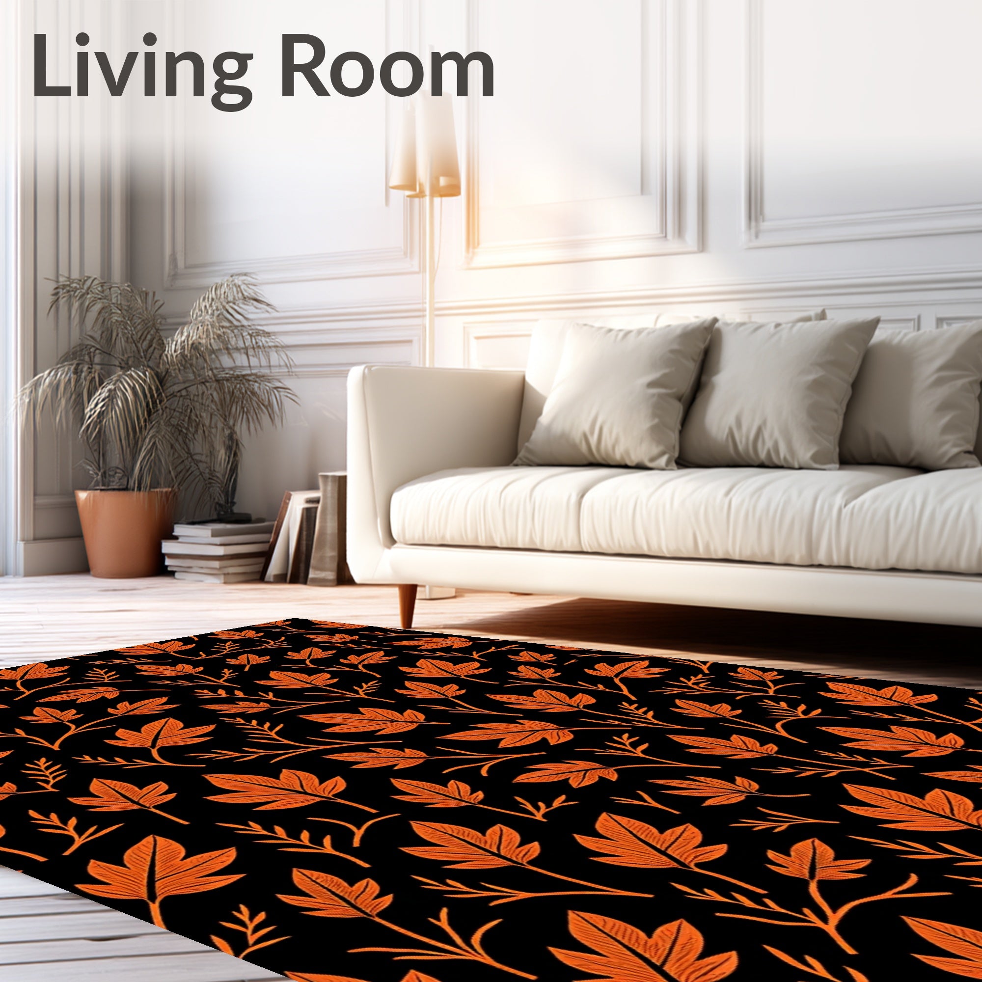 Orange Leafy Vines on Black Rug