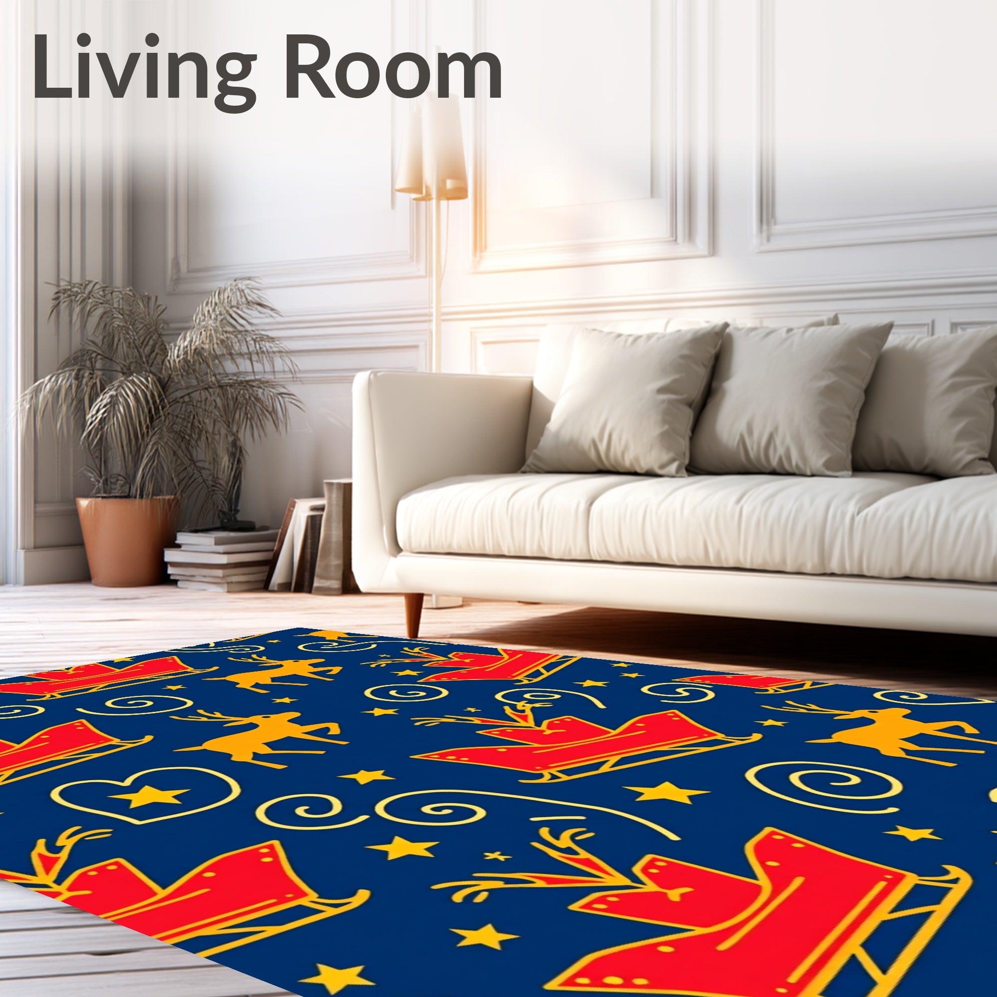 Red Sleigh Gold Reindeer Star Swirl Rug