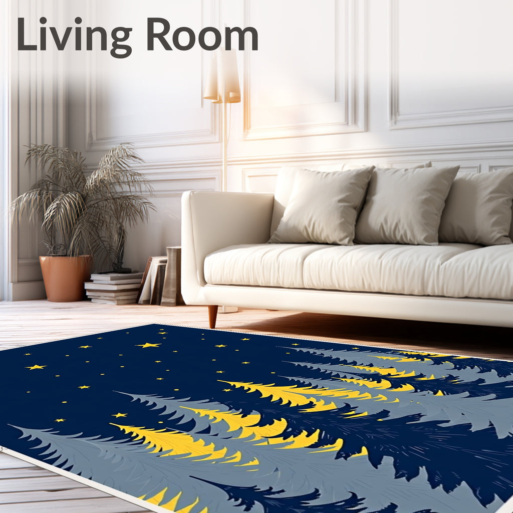 Deep Blue Starry Forest Silhouette Rug