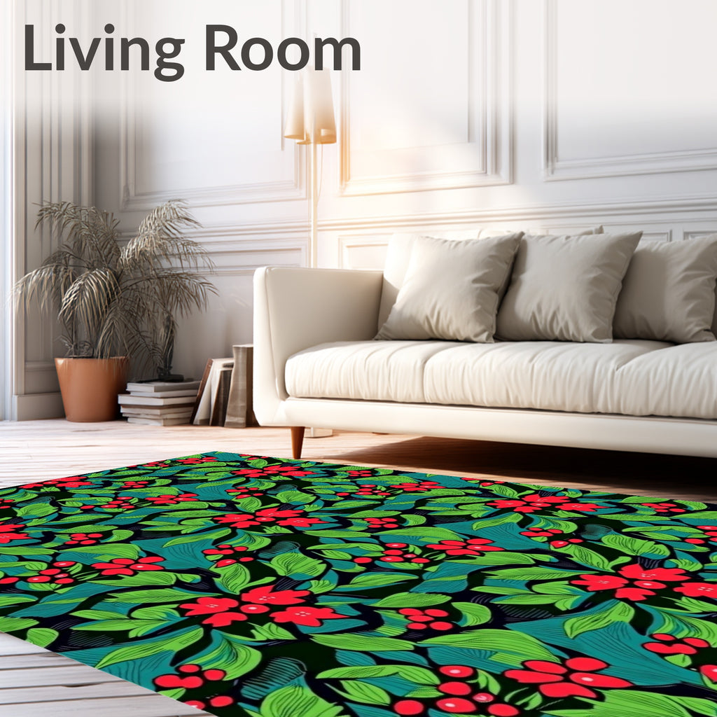Bold Red Floral Green Leafy Abstract Rug