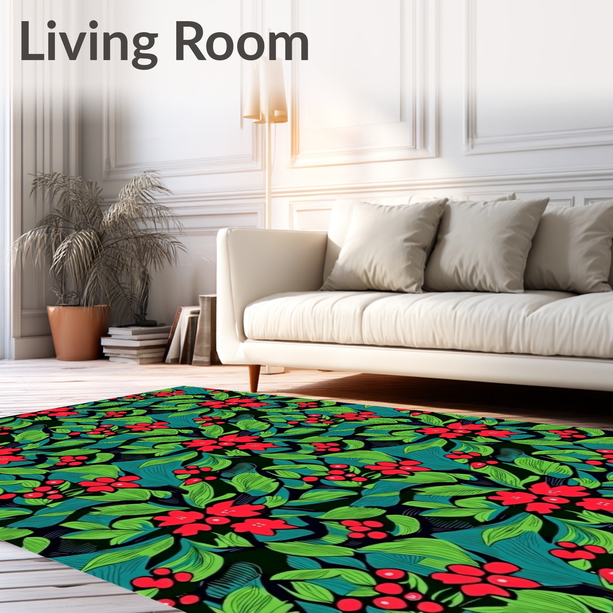 Bold Red Floral Green Leafy Abstract Rug
