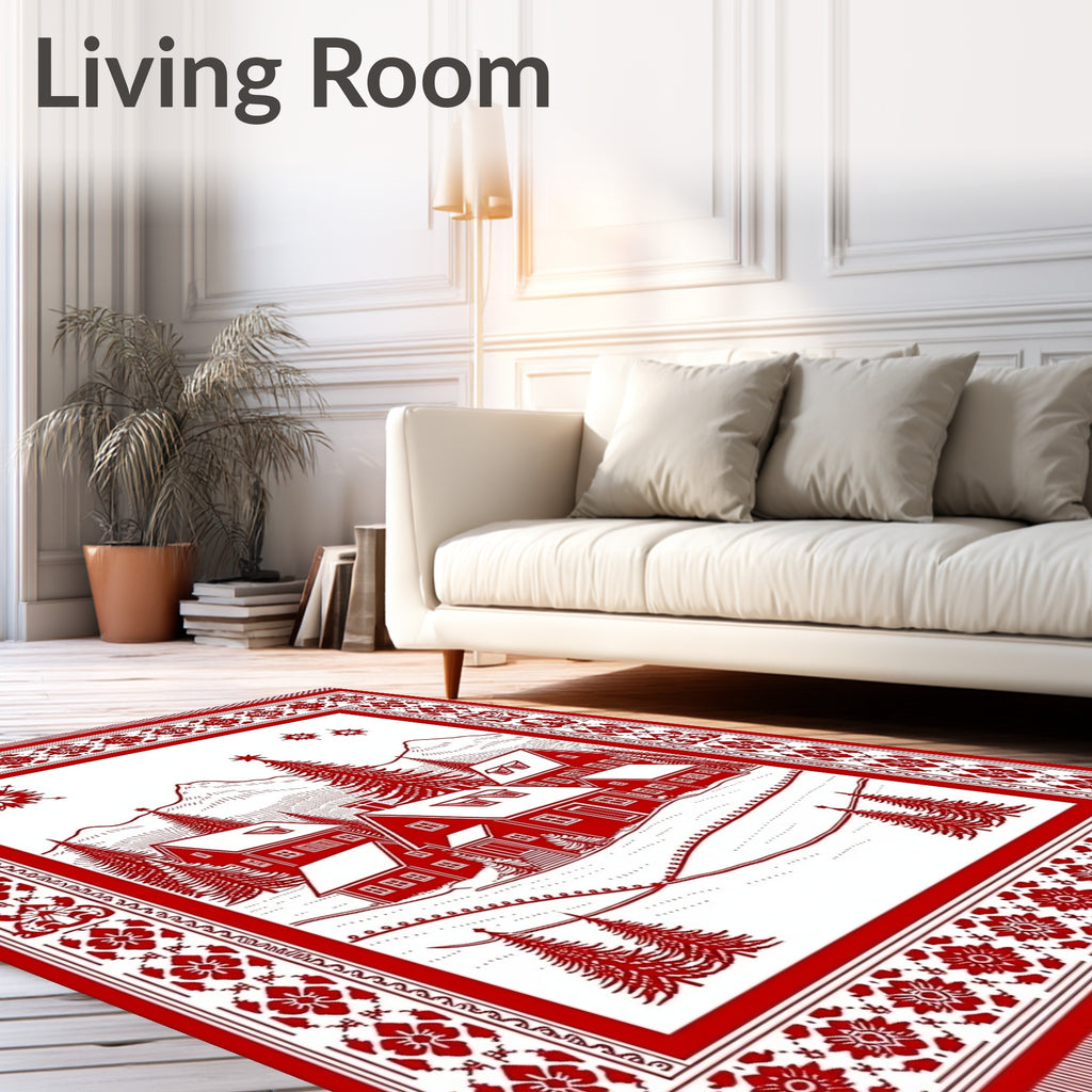 Crisp Red Winter Village Scene Rug