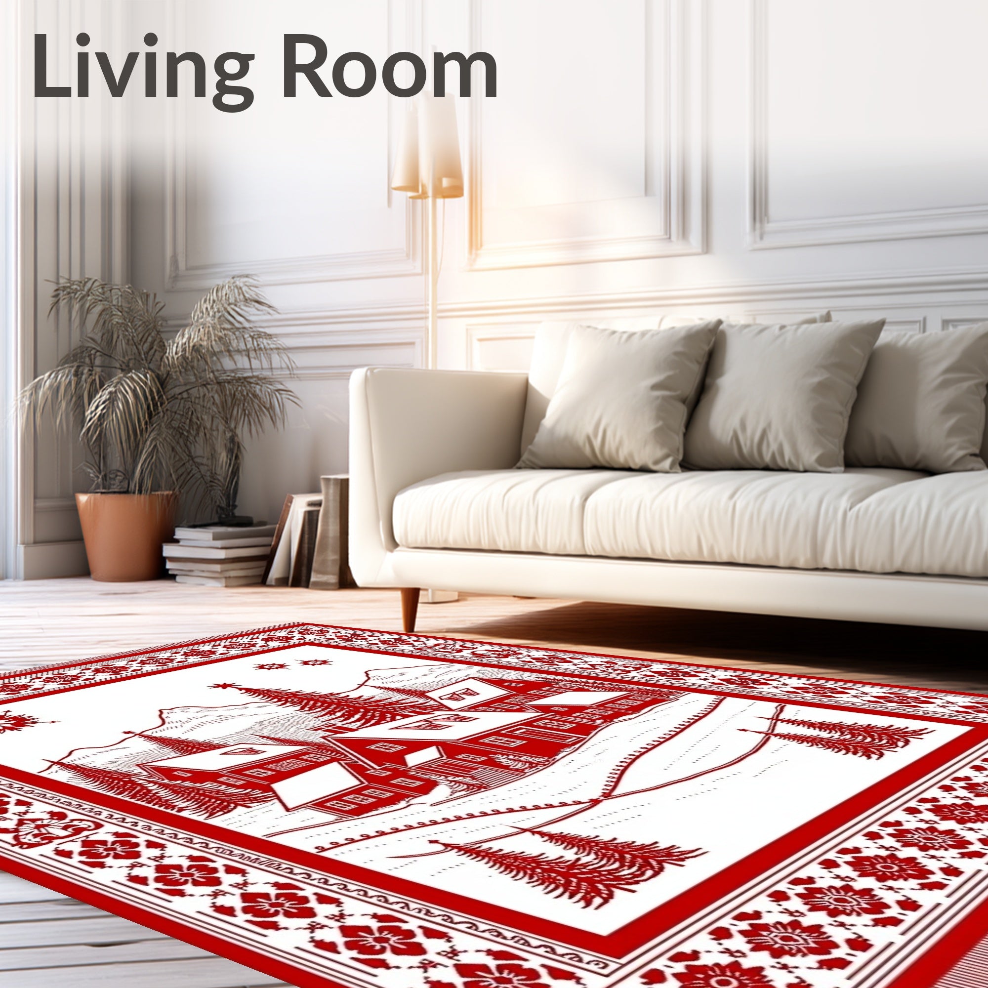 Crisp Red Winter Village Scene Rug