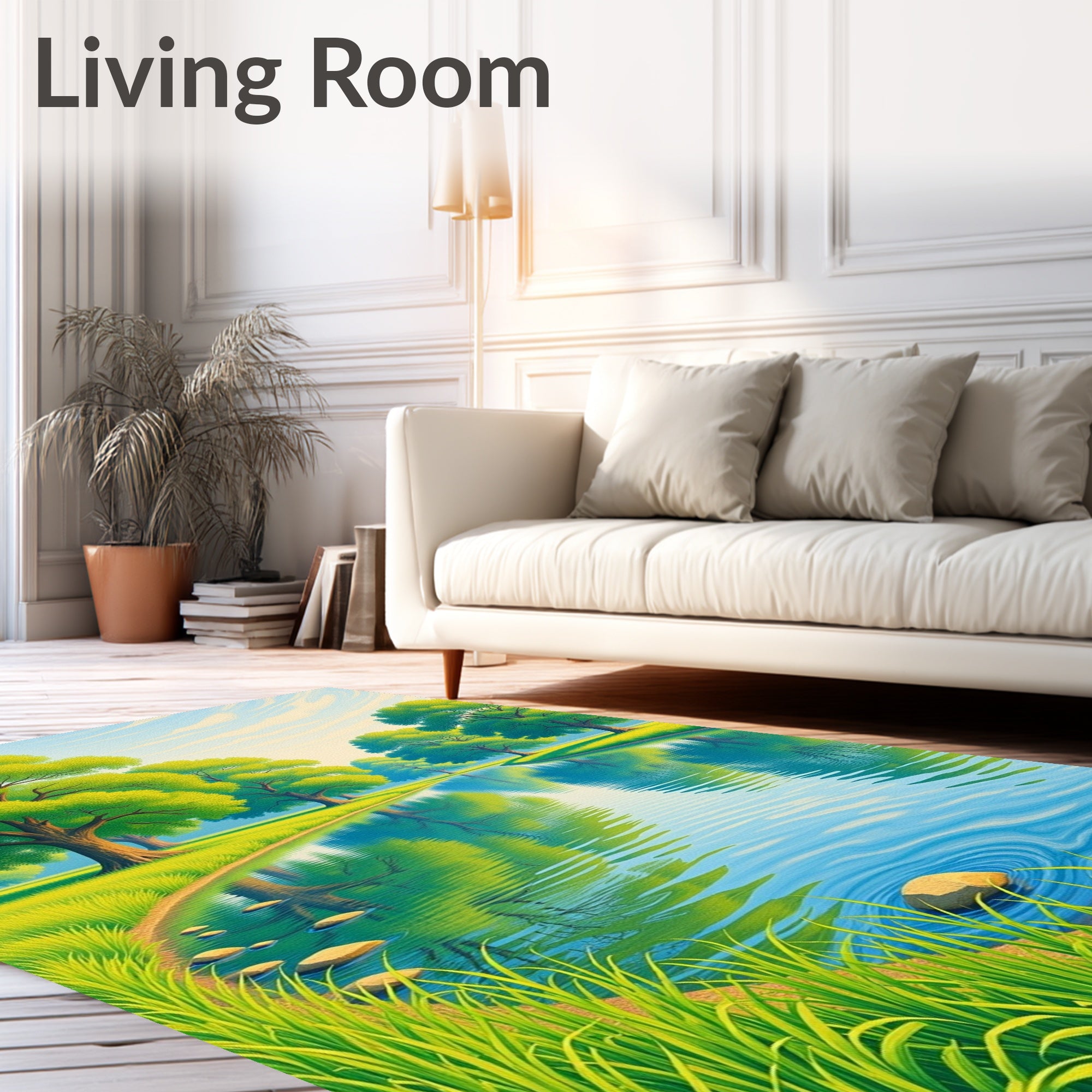 Serene Waterside Lush Green Trees Rug