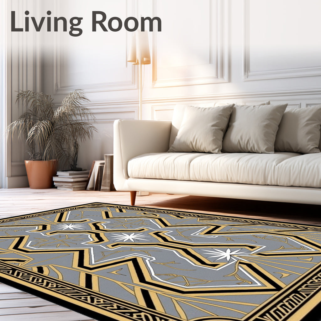 Art Deco Gray Gold Starburst Geometric Rug