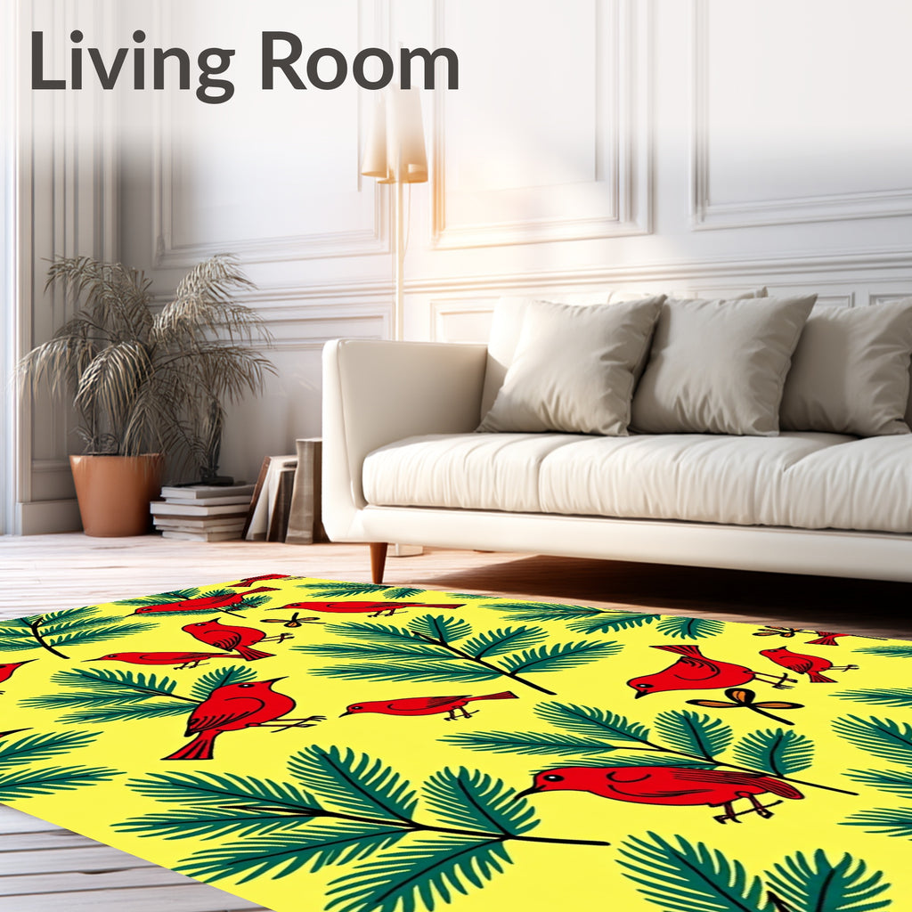 Vibrant Red Birds Evergreen Branches Rug