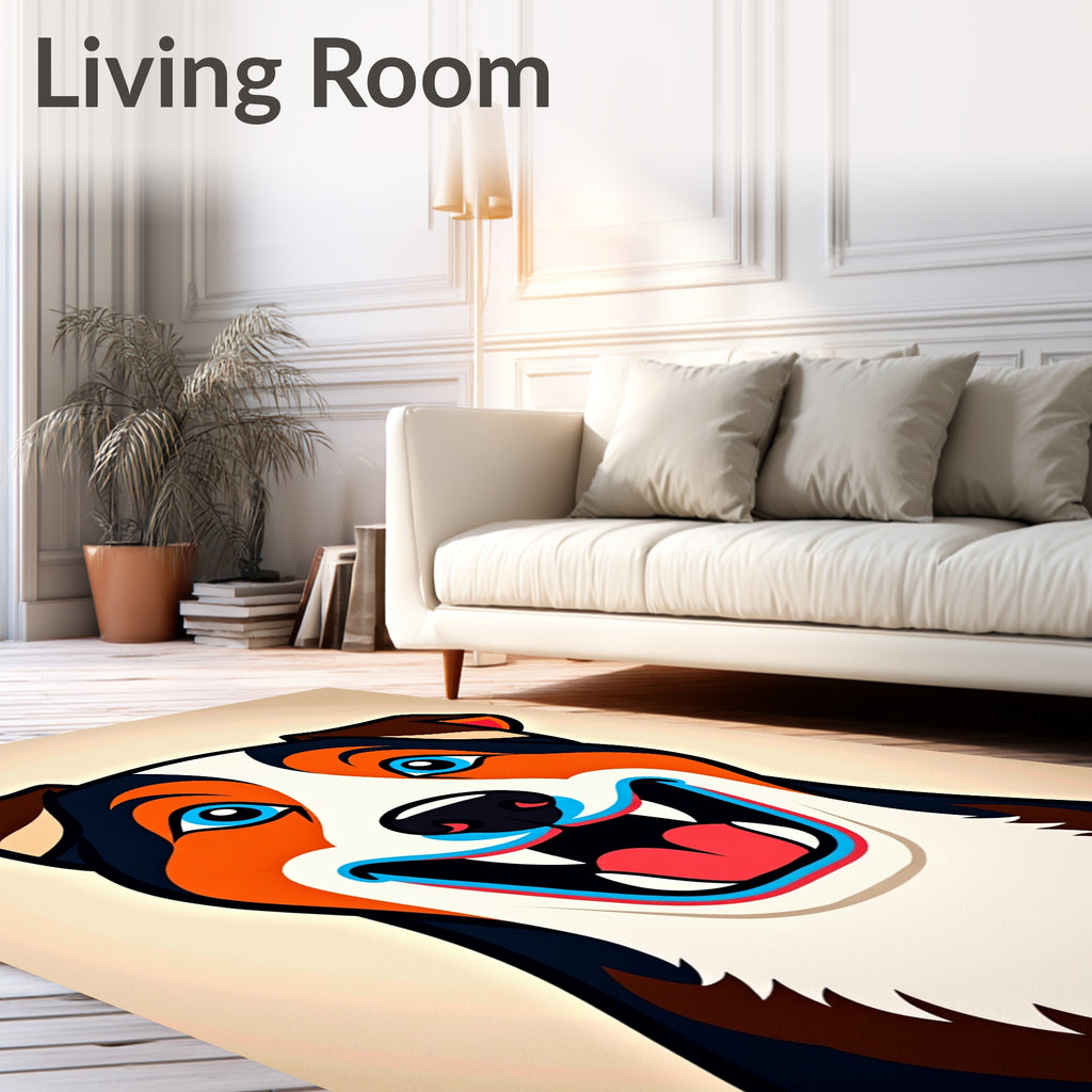 Happy Orange Blue White Dog Portrait Rug