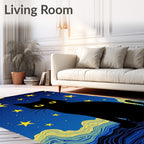 Black Cat Yellow Starry Night Sky Rug