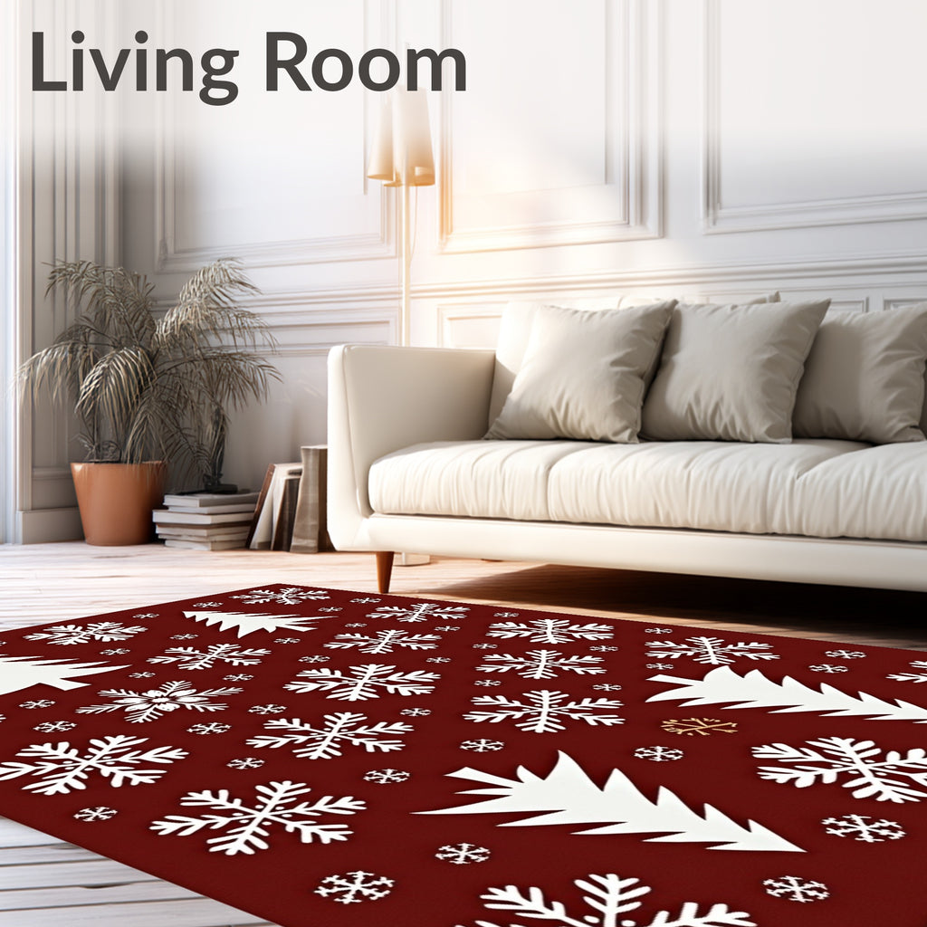 White Snowflakes Christmas Trees Burgundy Rug