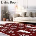 White Snowflakes Christmas Trees Burgundy Rug