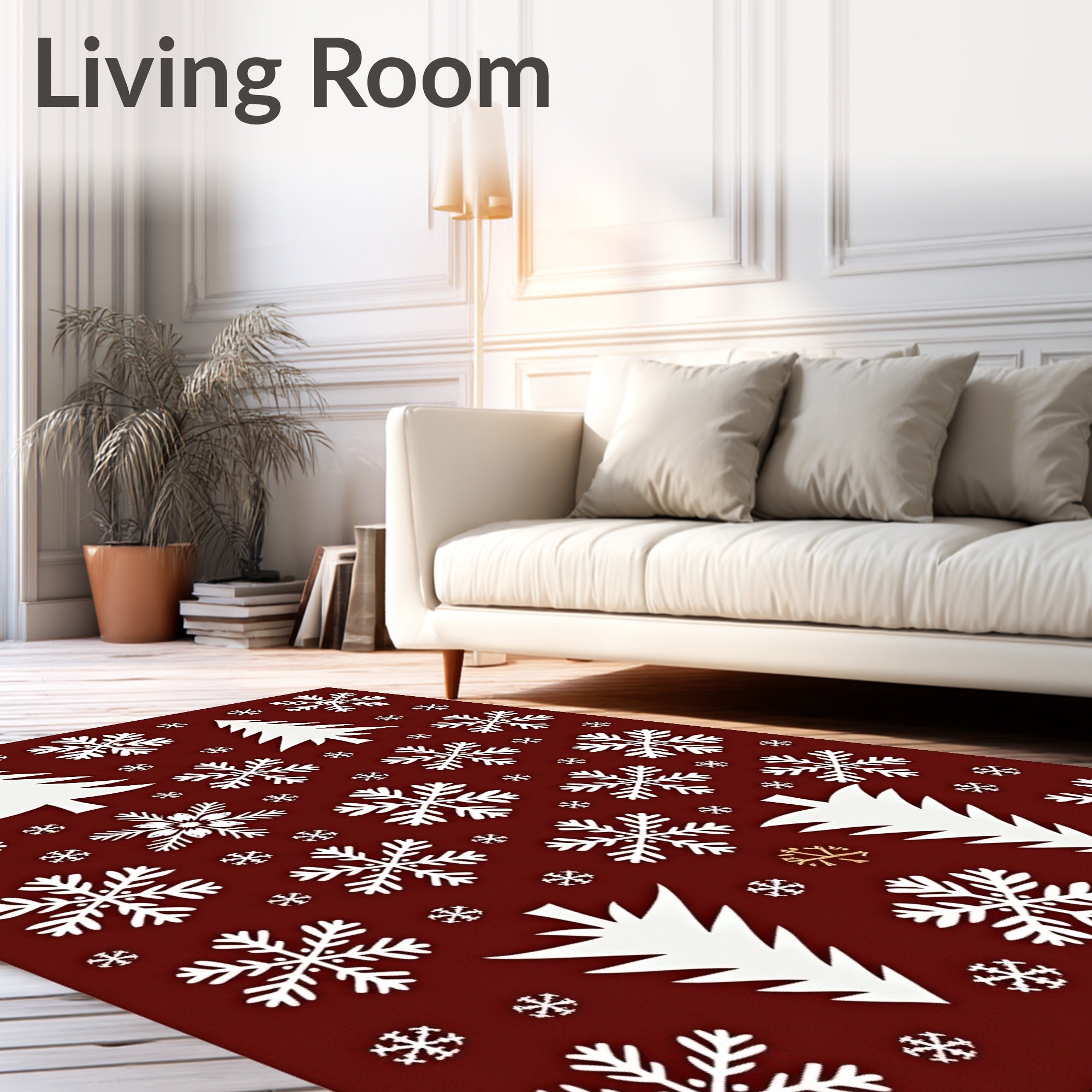 White Snowflakes Christmas Trees Burgundy Rug