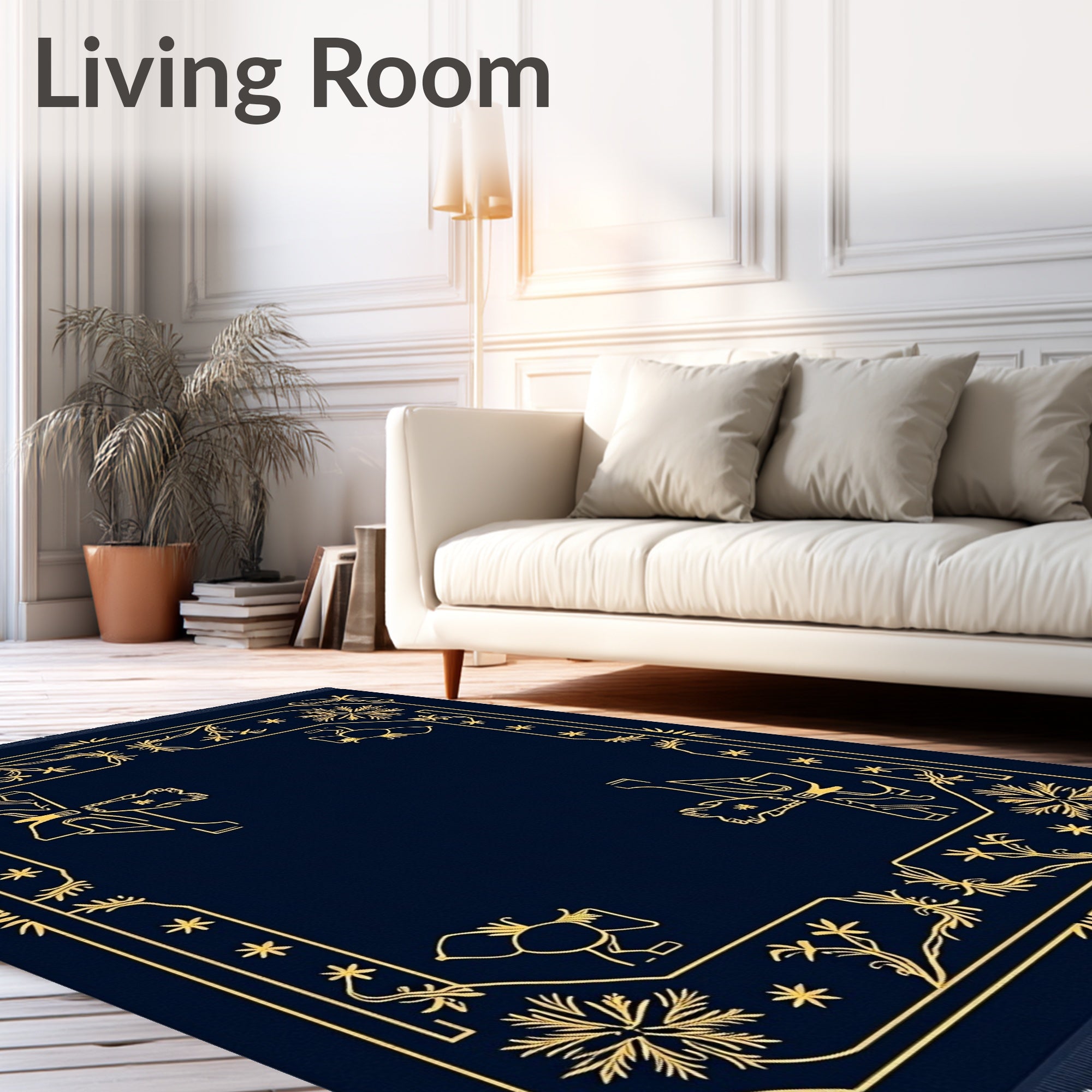 Navy and Gold Vintage Floral Border Rug