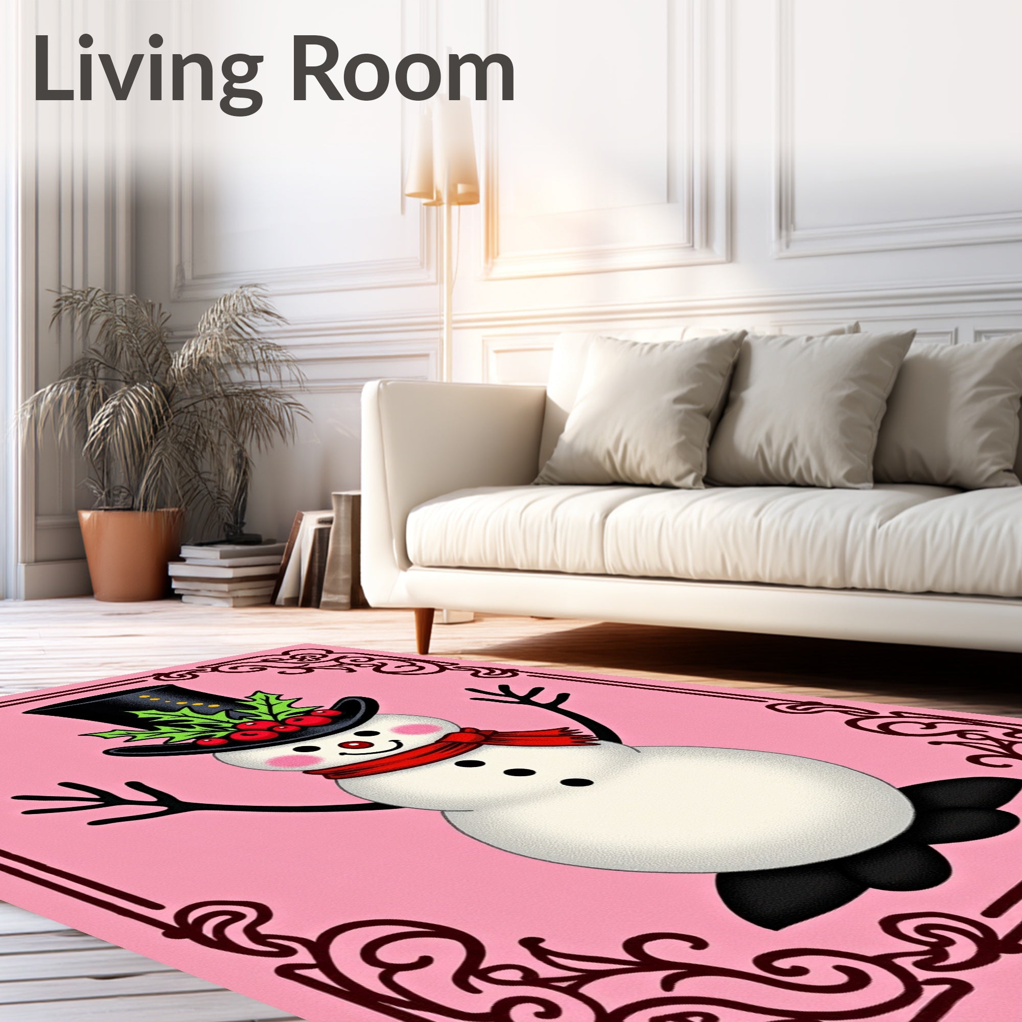 Pink Snowman Christmas Top Hat Holly Rug
