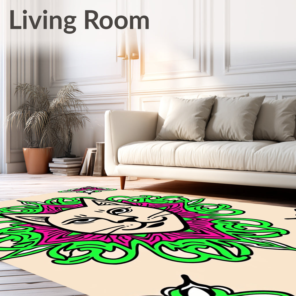 Whimsical Cat Medallion Magenta Green Rug