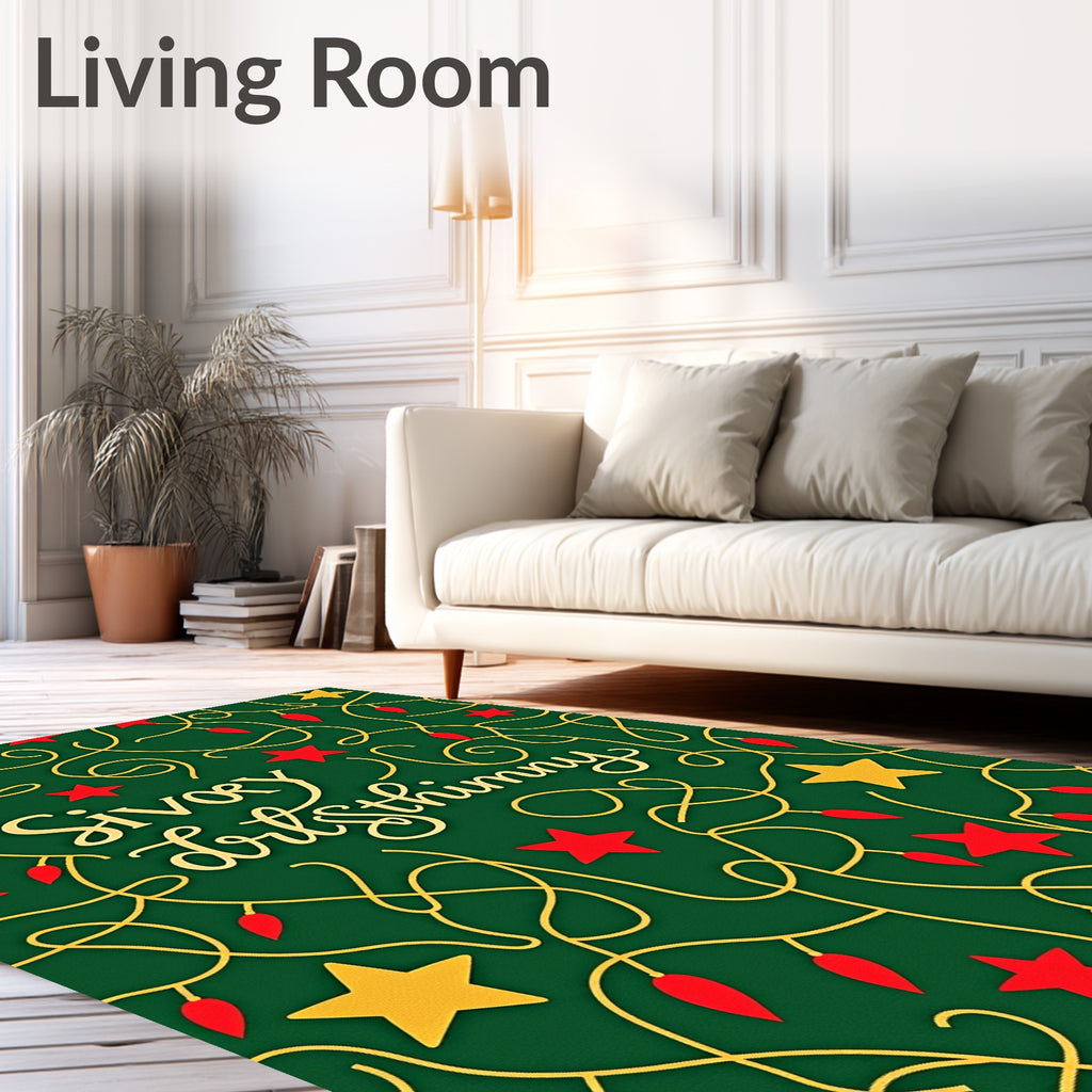 Festive Green And Gold Star Lights Rug