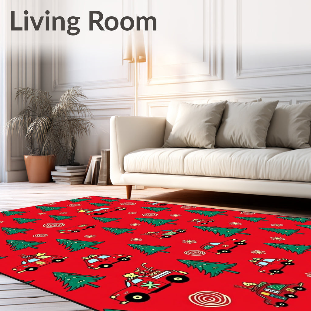Red Christmas Cars Evergreen Trees Rug