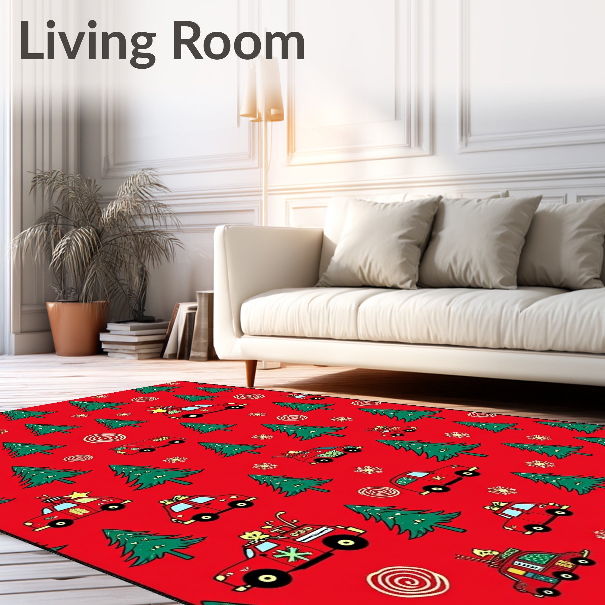 Red Christmas Cars Evergreen Trees Rug