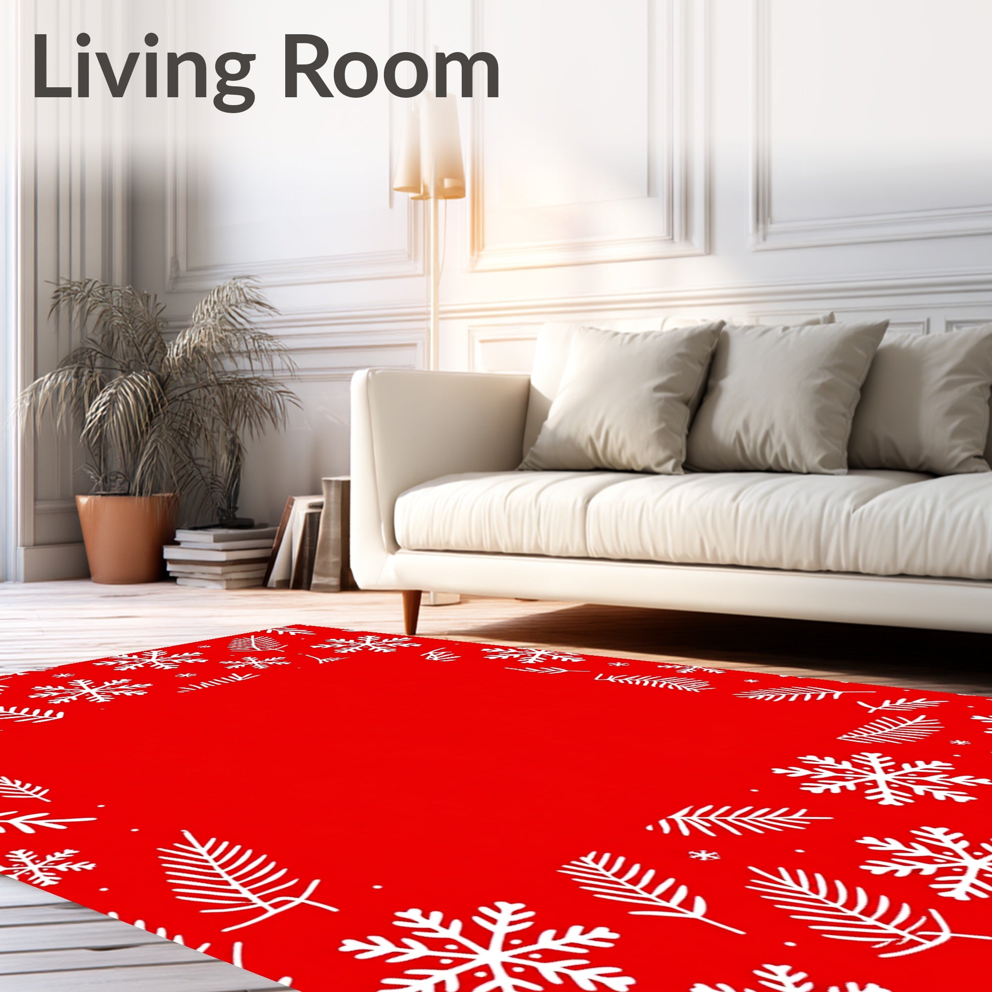 Red White Snowflake Twig Border Rug