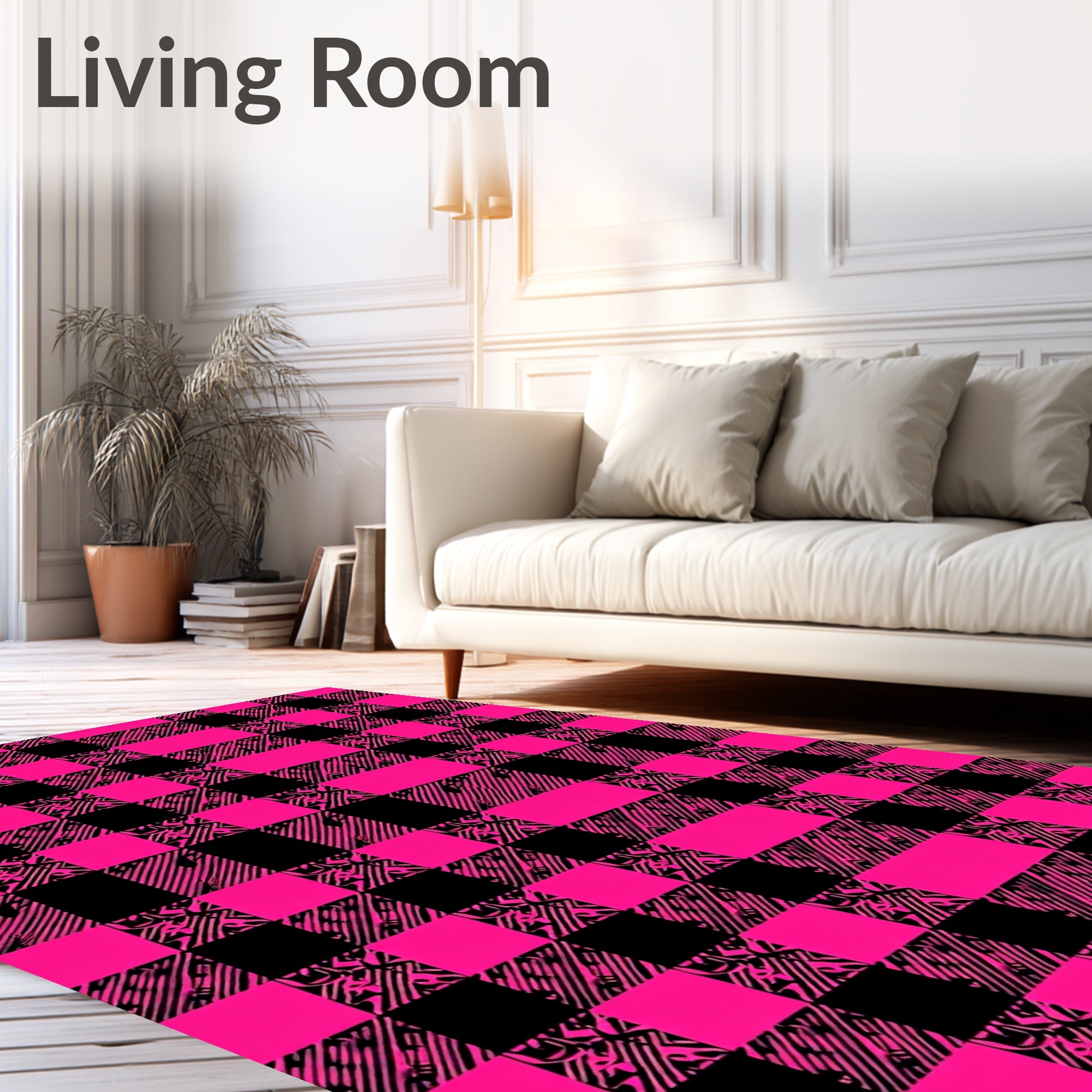Vibrant Pink Black Gingham Checkered Rug
