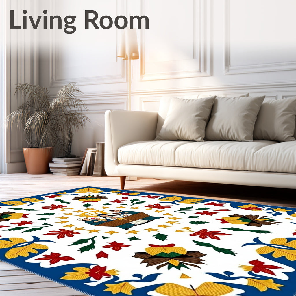 Whimsical Folk Family Nativity Scene Rug