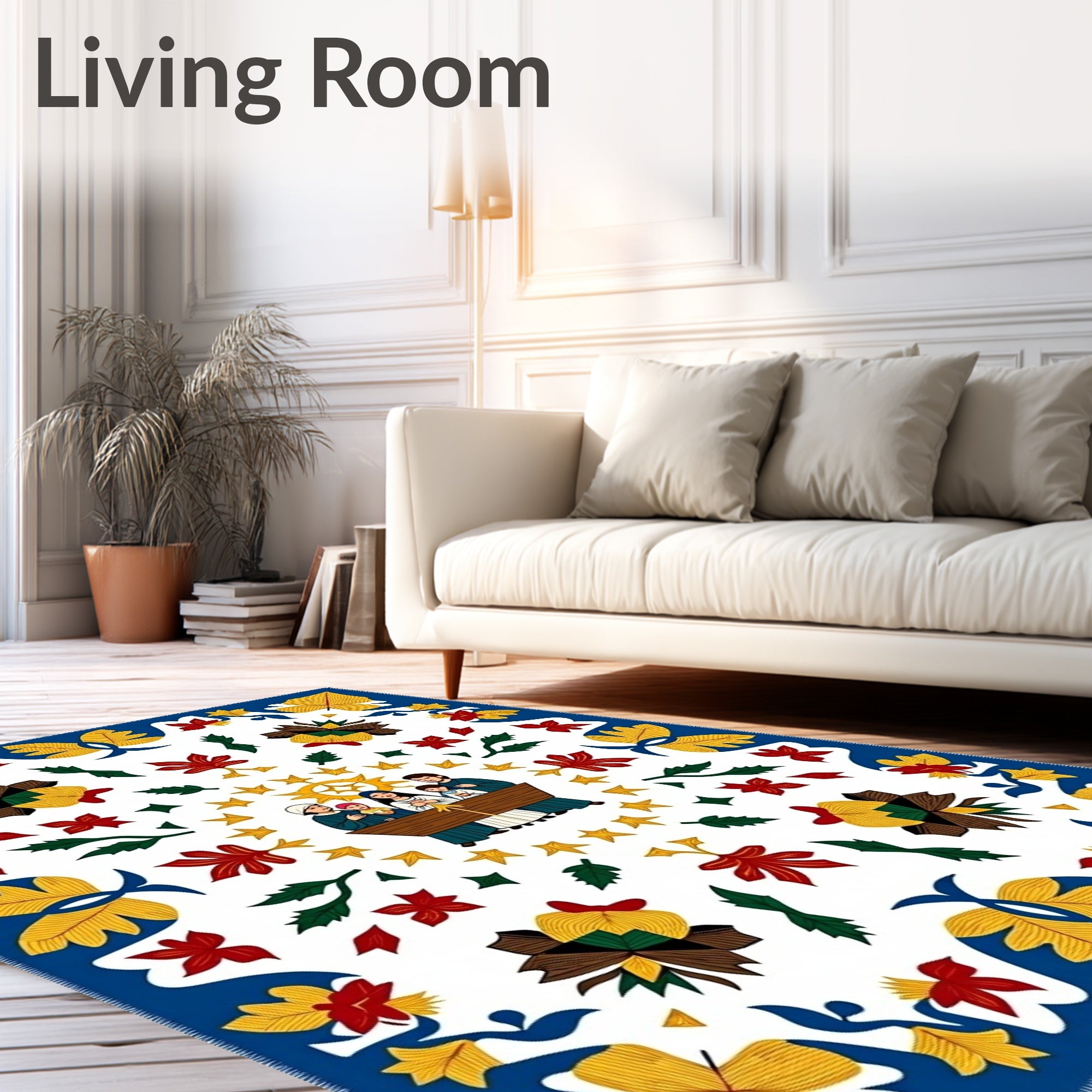 Whimsical Folk Family Nativity Scene Rug