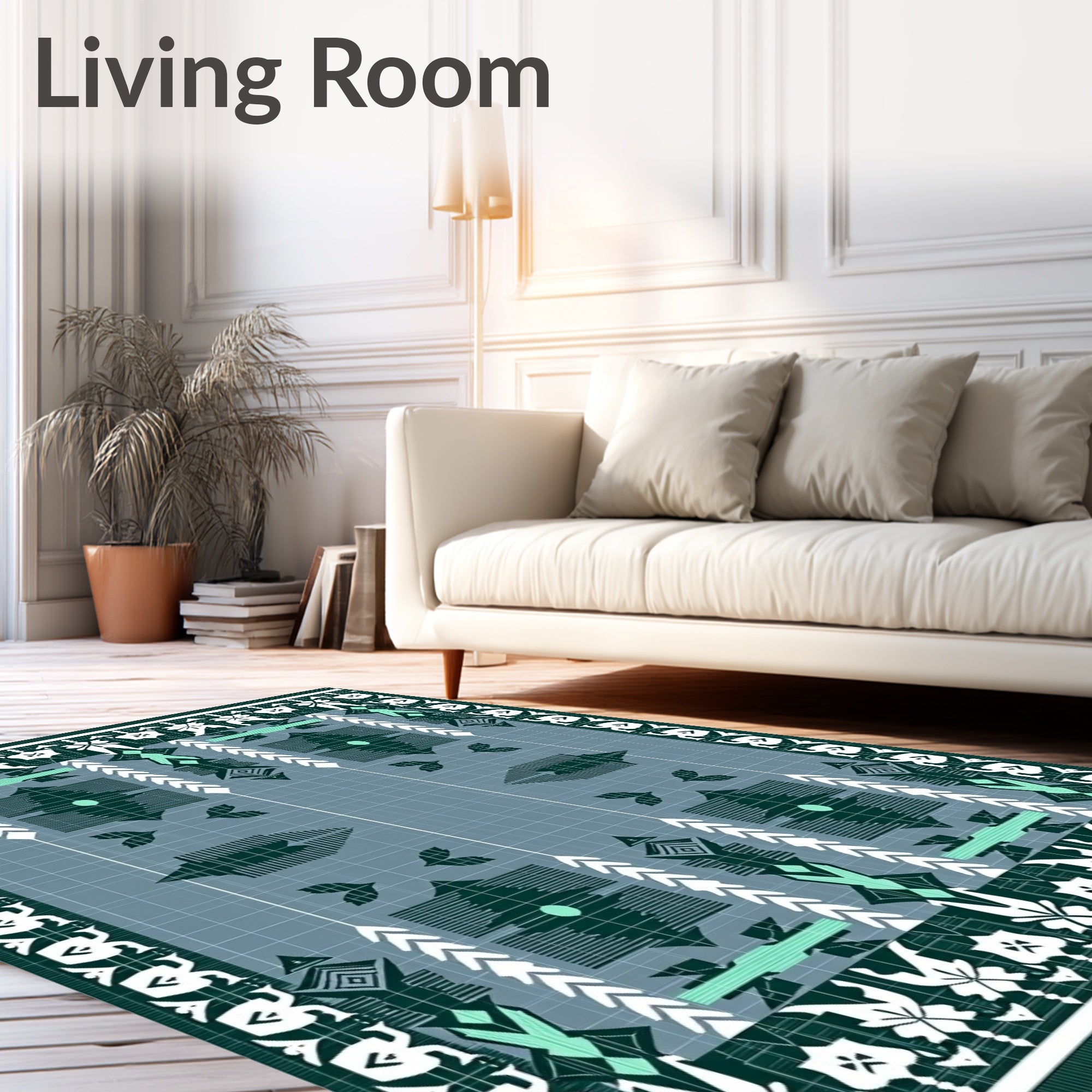 Geometric Forest Green Aquamarine Border Rug
