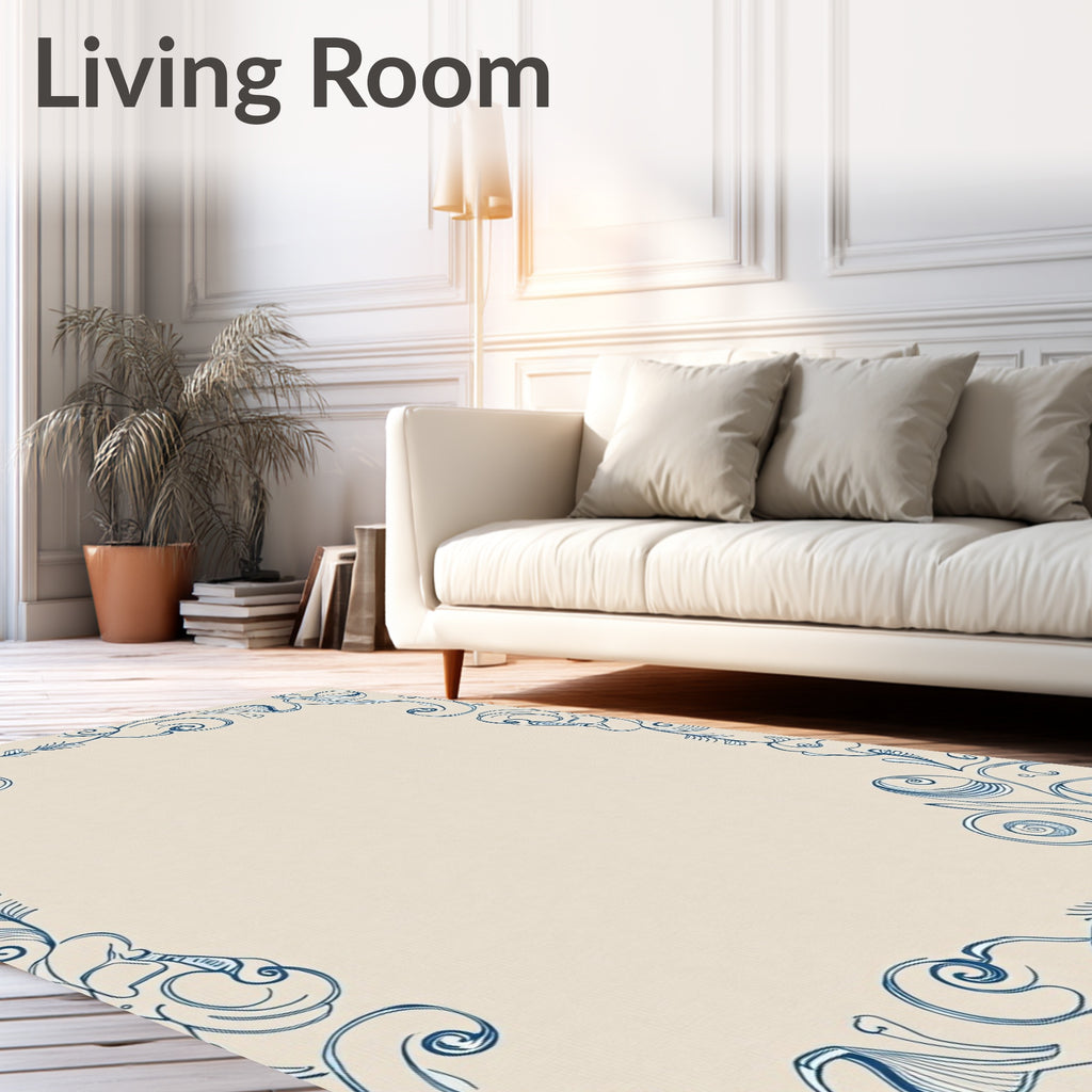Blue Floral Swirl Border Rug