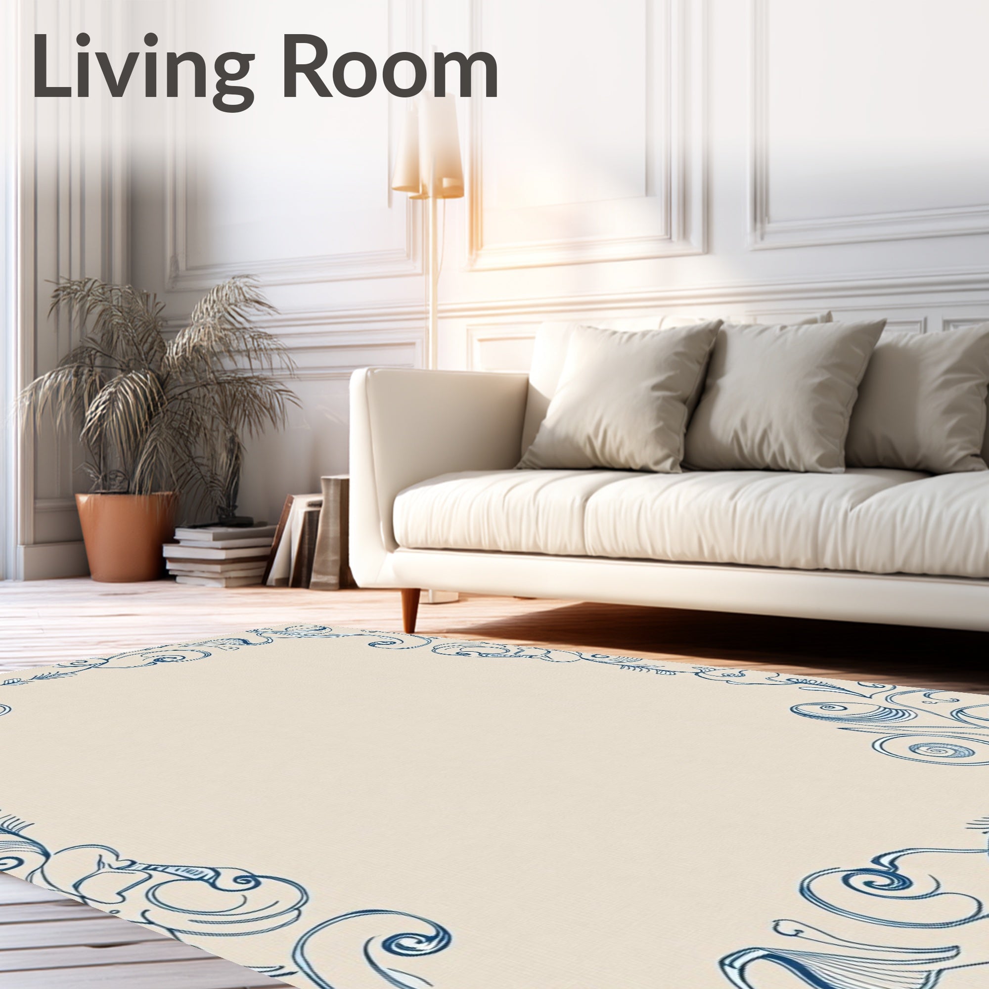 Blue Floral Swirl Border Rug