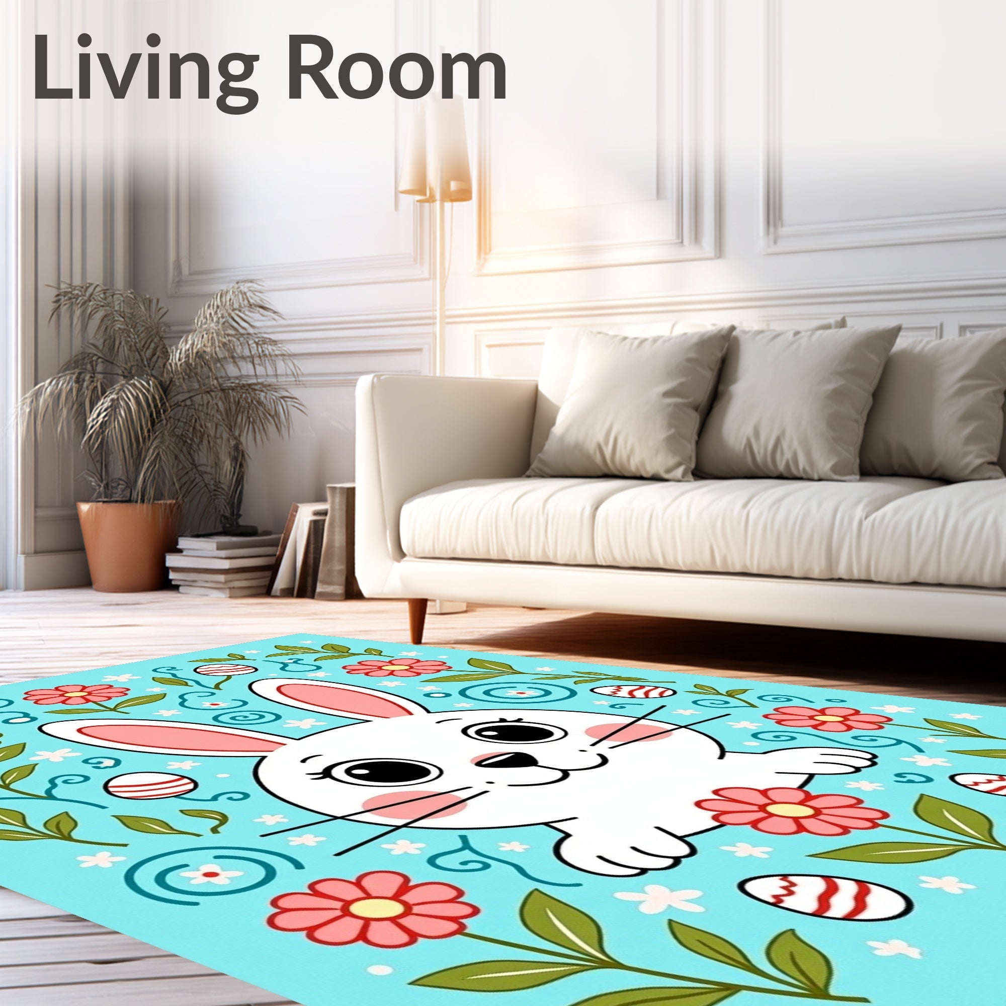 Cute Bunny Floral Easter Eggs Rug