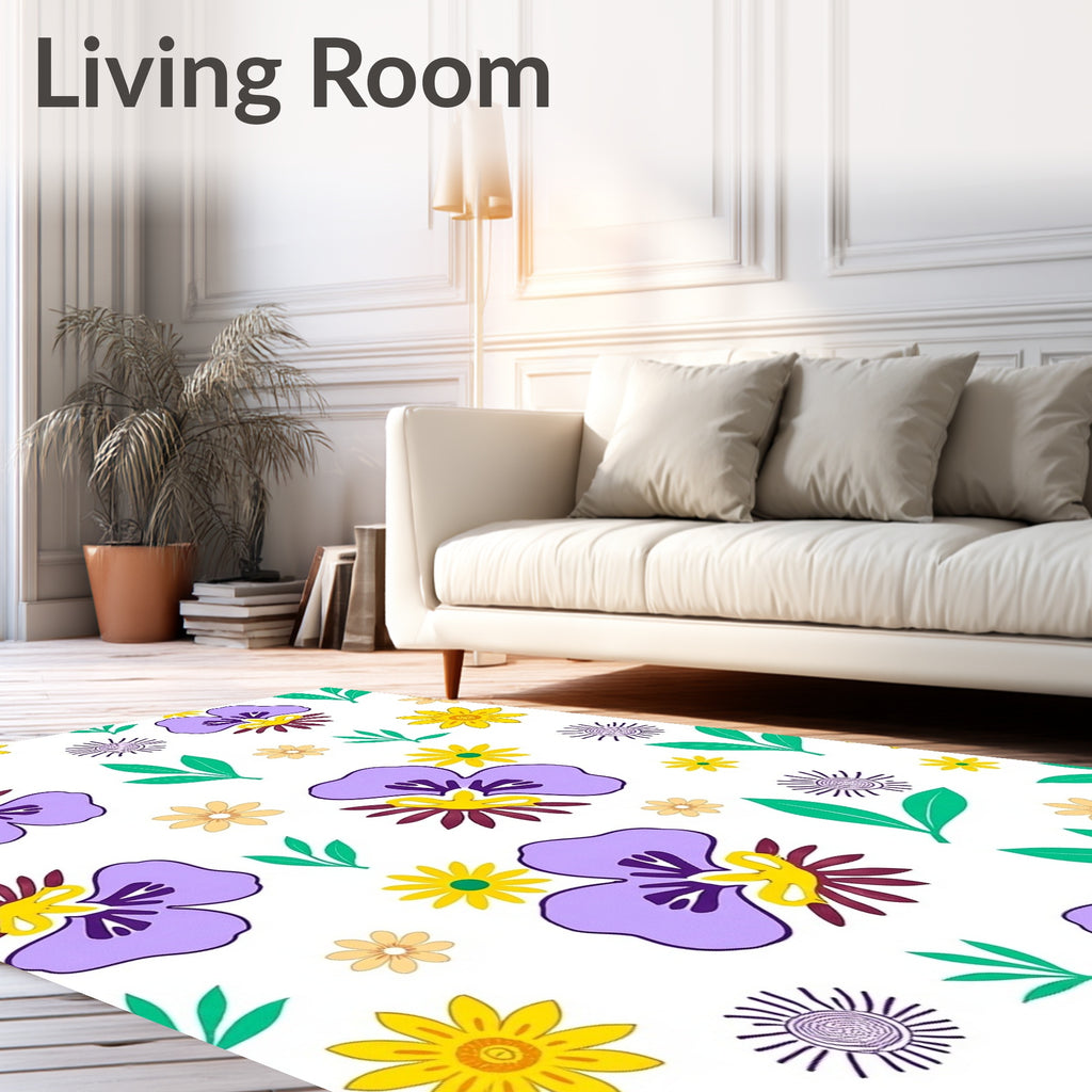 Floral Garden With Purple Pansies Yellow Flowers Rug