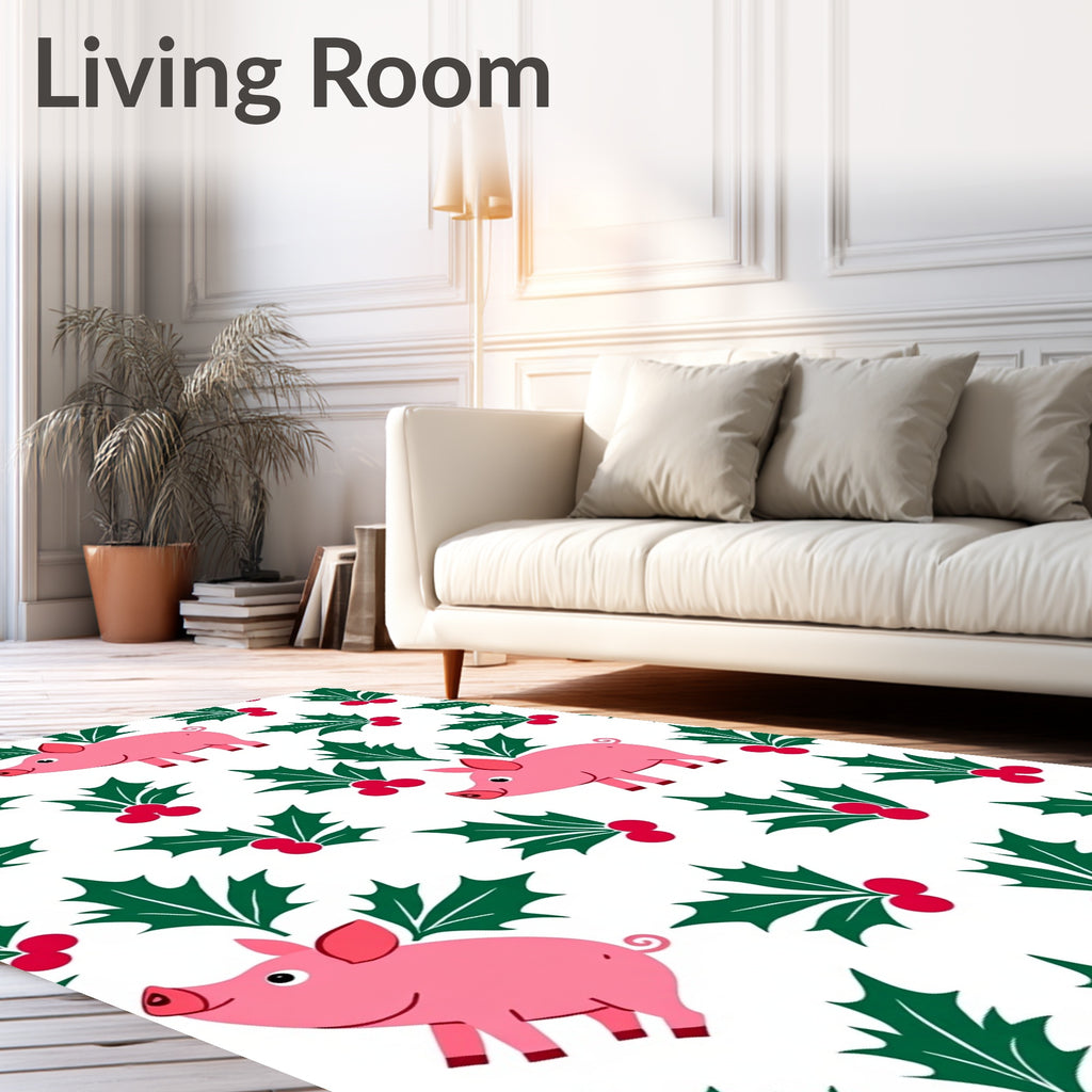 Pink Pig Holly Berry Illustration Rug
