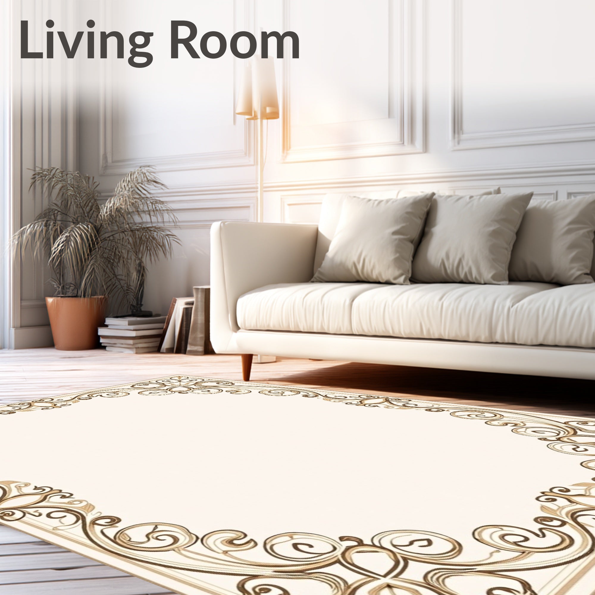Cream and Brown Scrollwork Border Rug