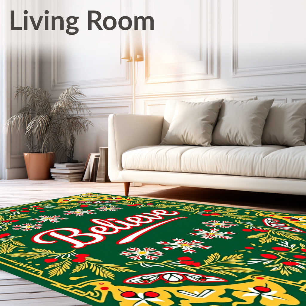 Green Festive Floral Snowflake Border Rug