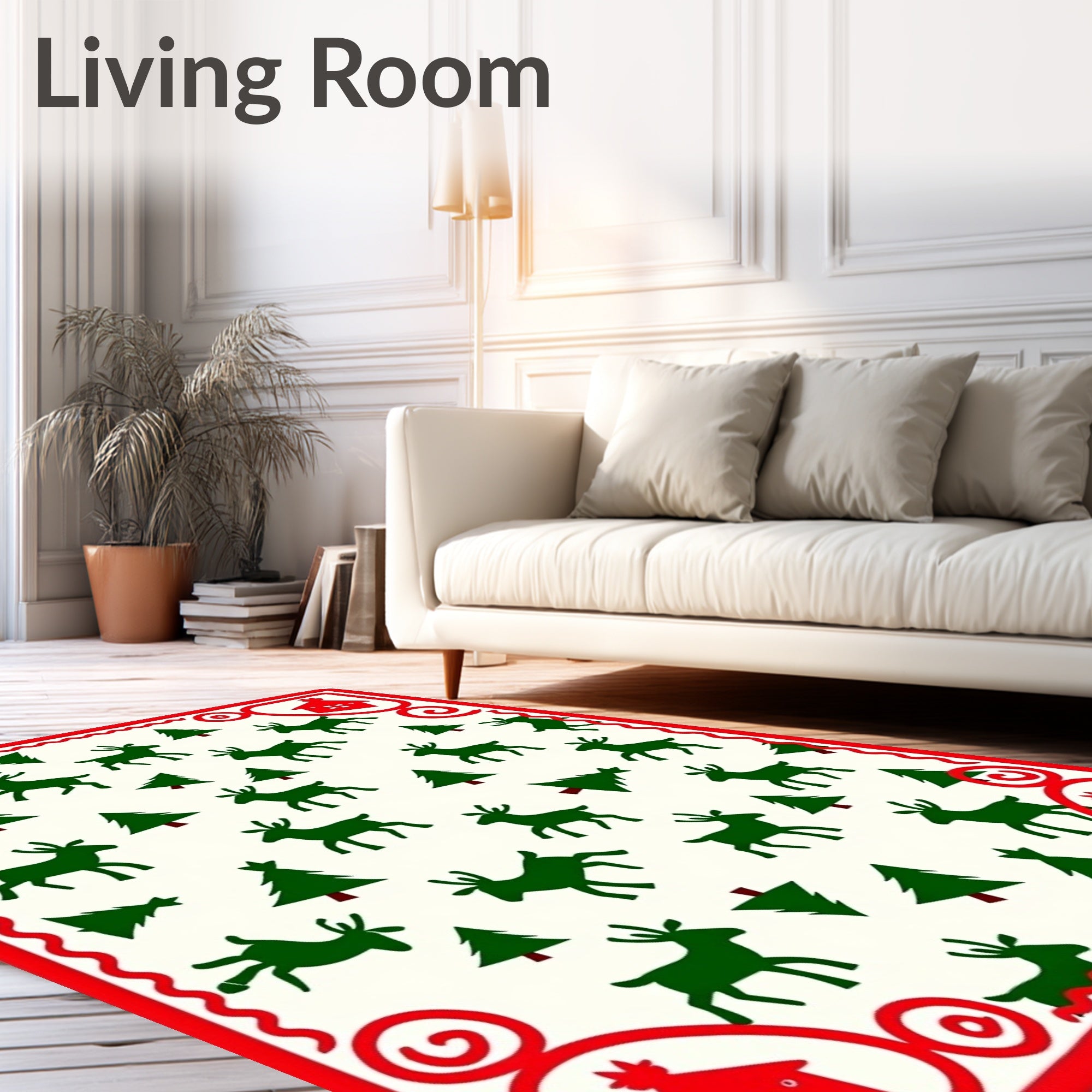 Festive Red Reindeer and Trees Rug