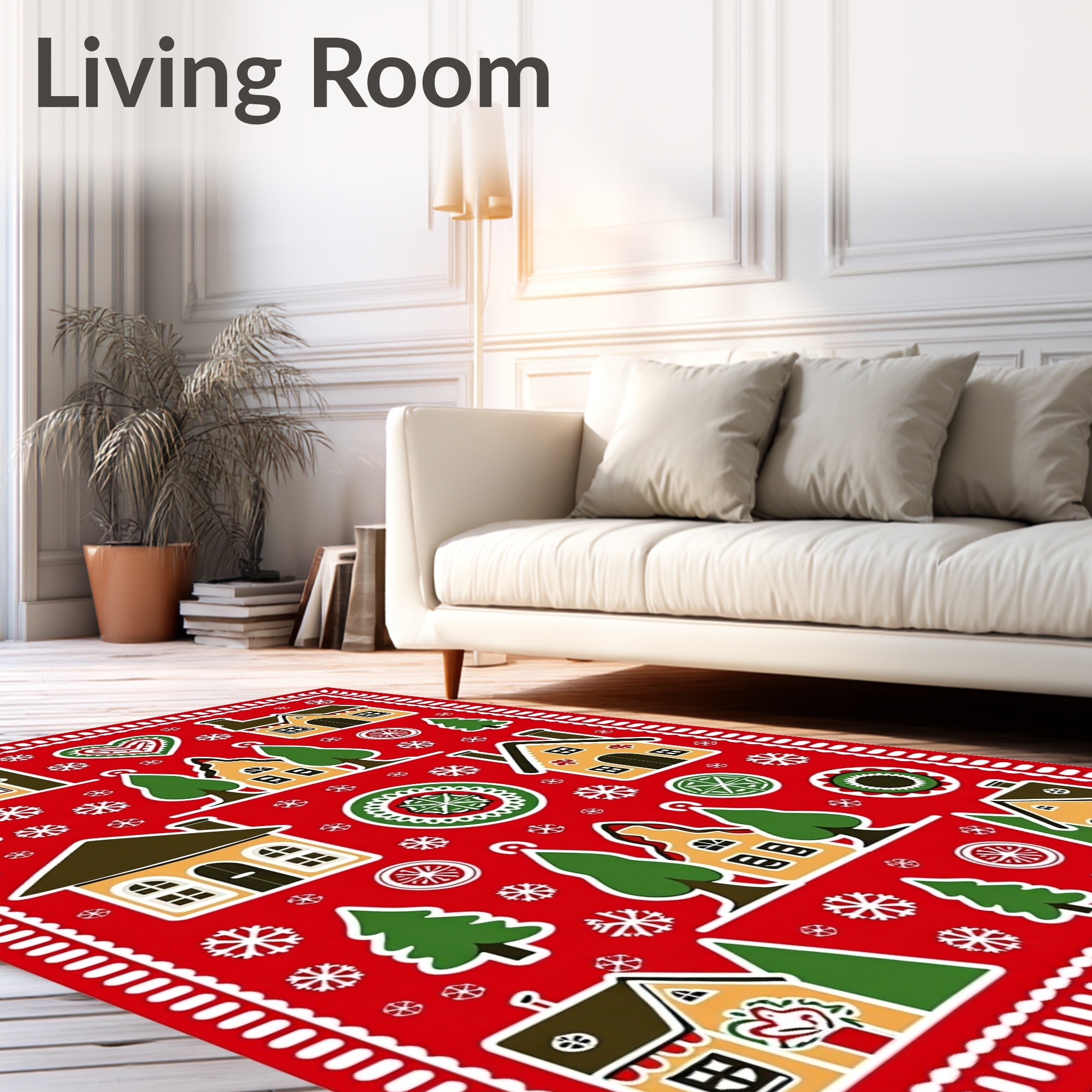 Festive Red Village Gingerbread Scandinavian Rug