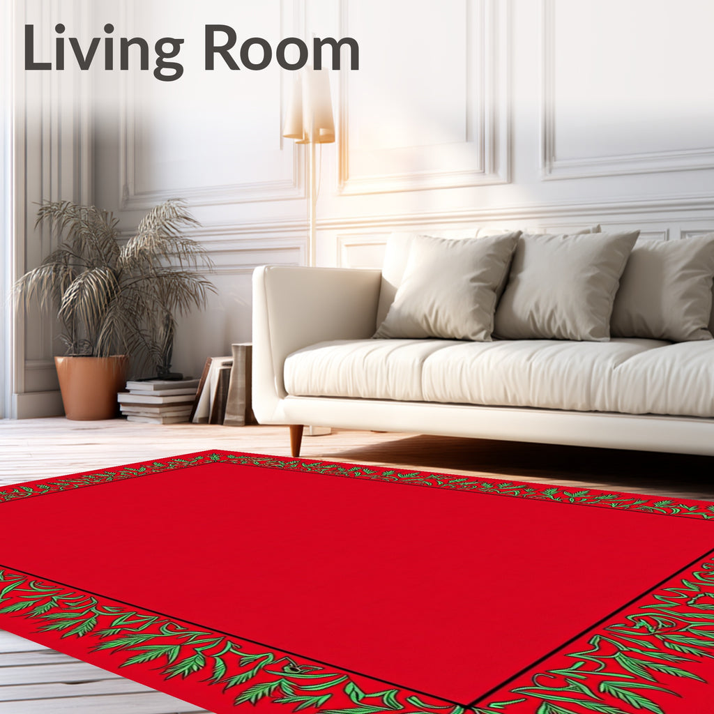 Vibrant Green Leaf Border Red Rug