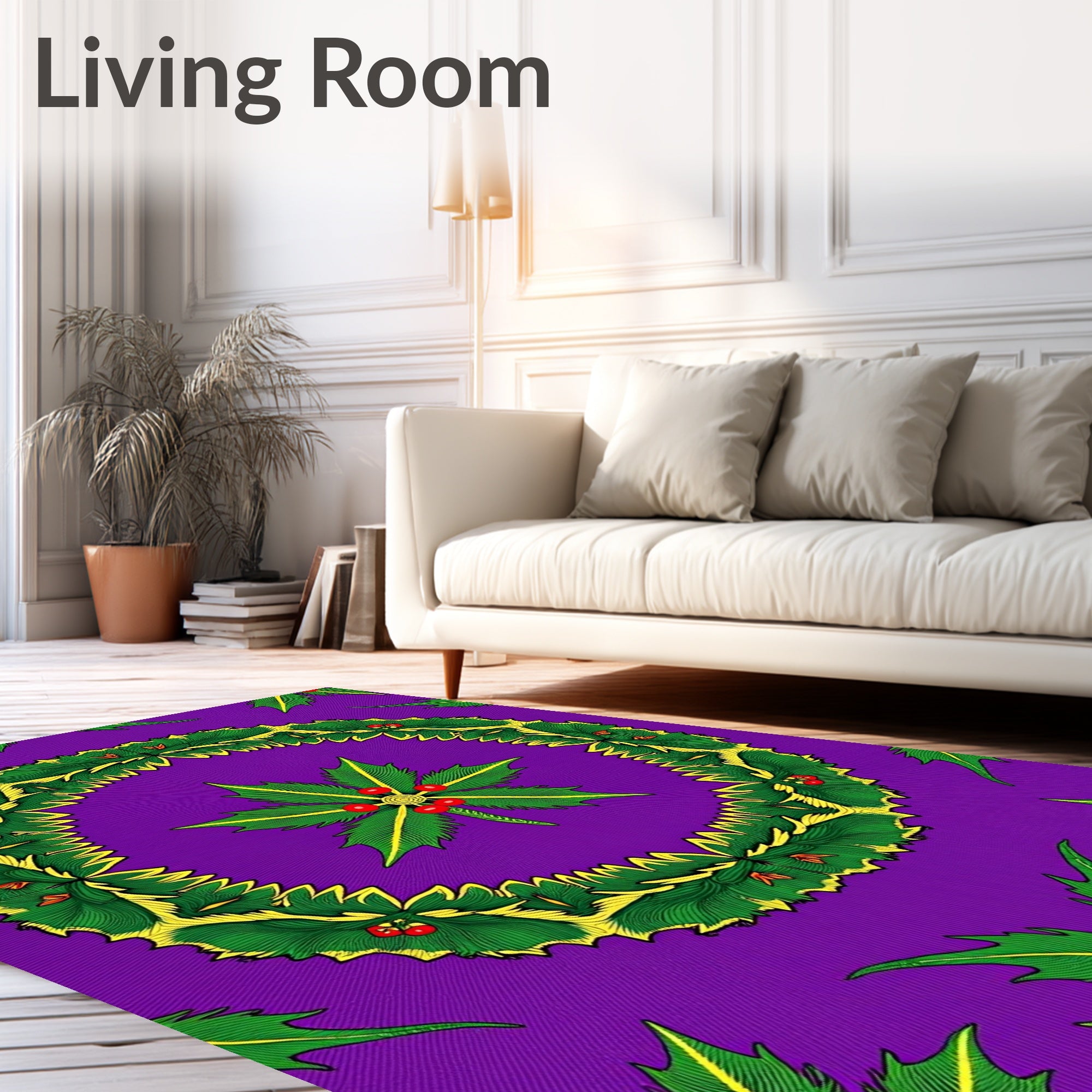 Vibrant Green Holly Wreath Purple Backdrop Rug