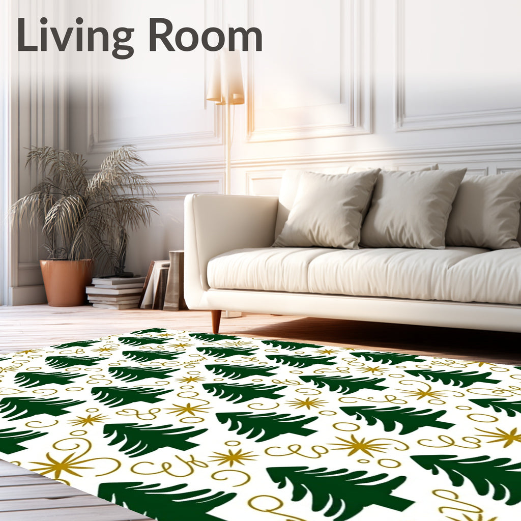 Elegant Green Trees Festive Gold Curls Rug