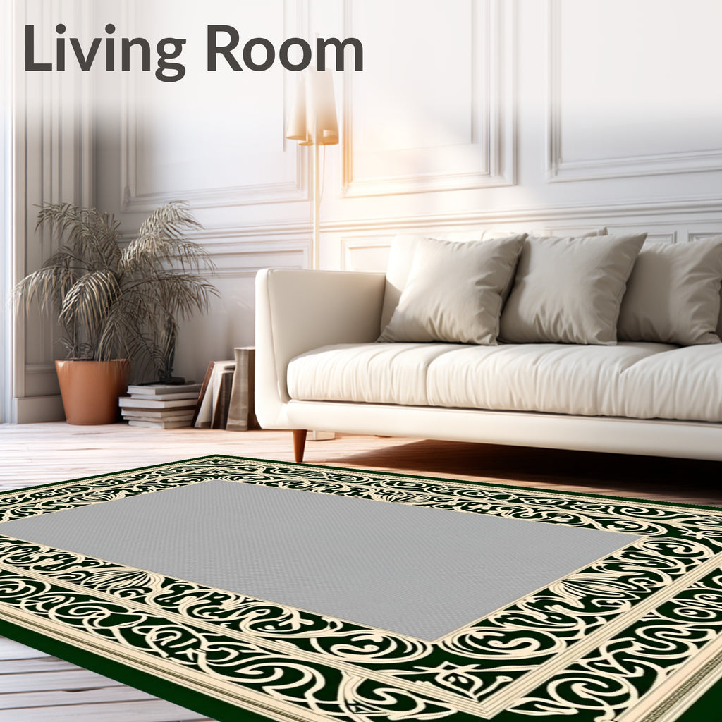 Dark Green Cream Scrollwork Frame Rug