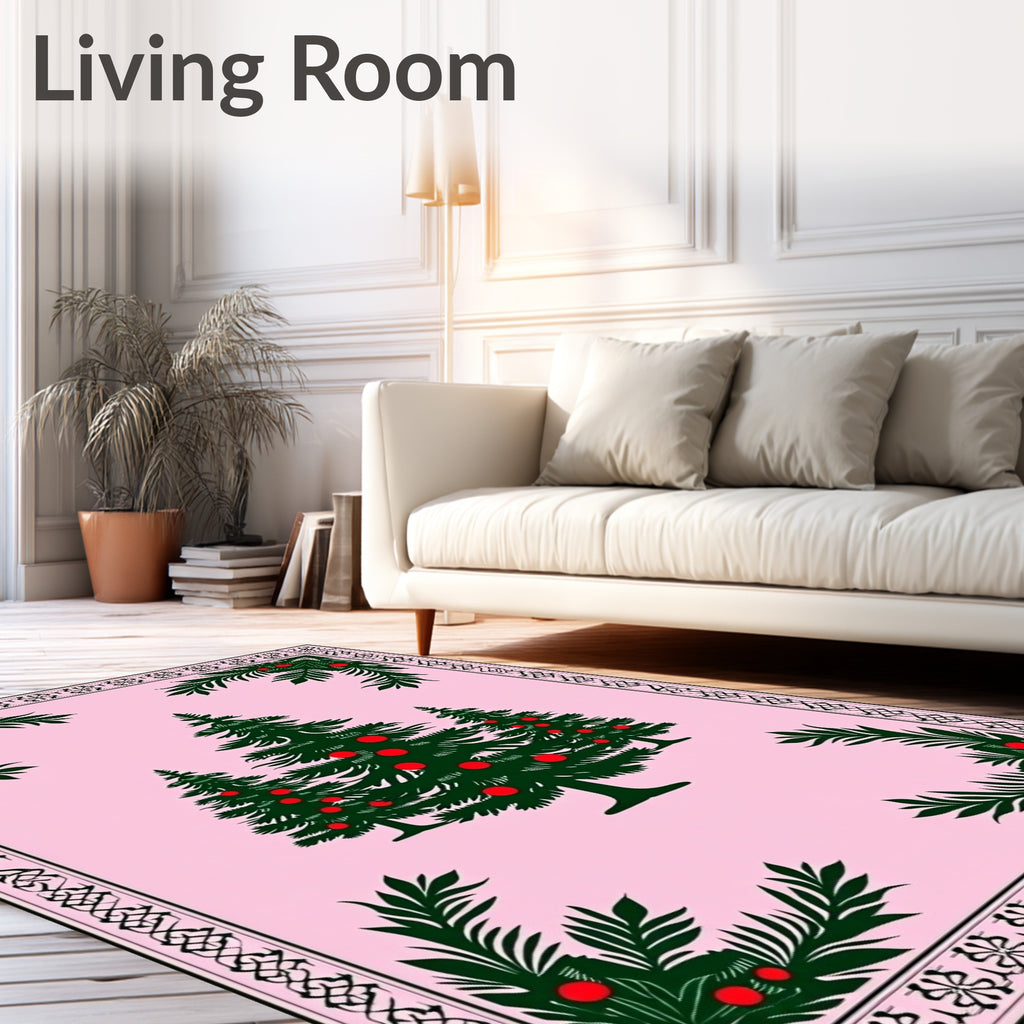Pink Evergreen Christmas Tree Border Rug