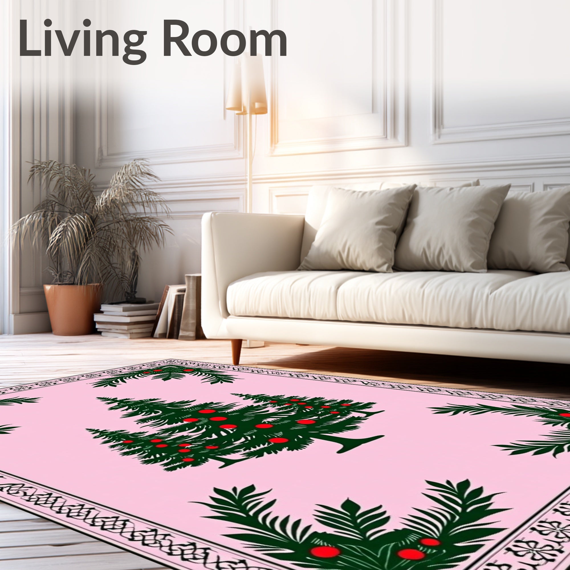 Pink Evergreen Christmas Tree Border Rug