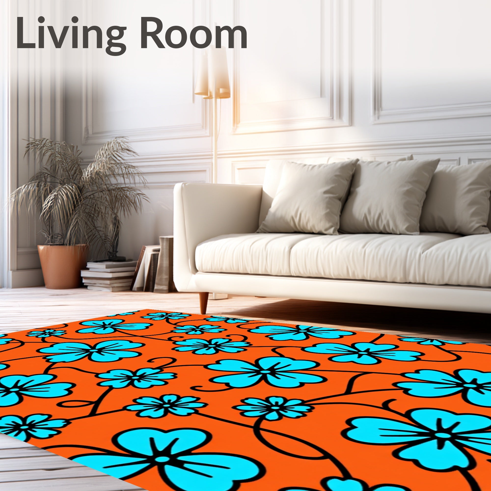 Vibrant Teal Flowers Orange Background Rug