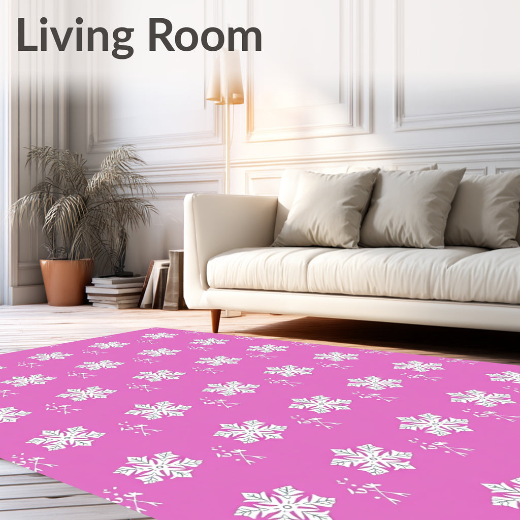 Pink White Snowflake Scatter Print Rug
