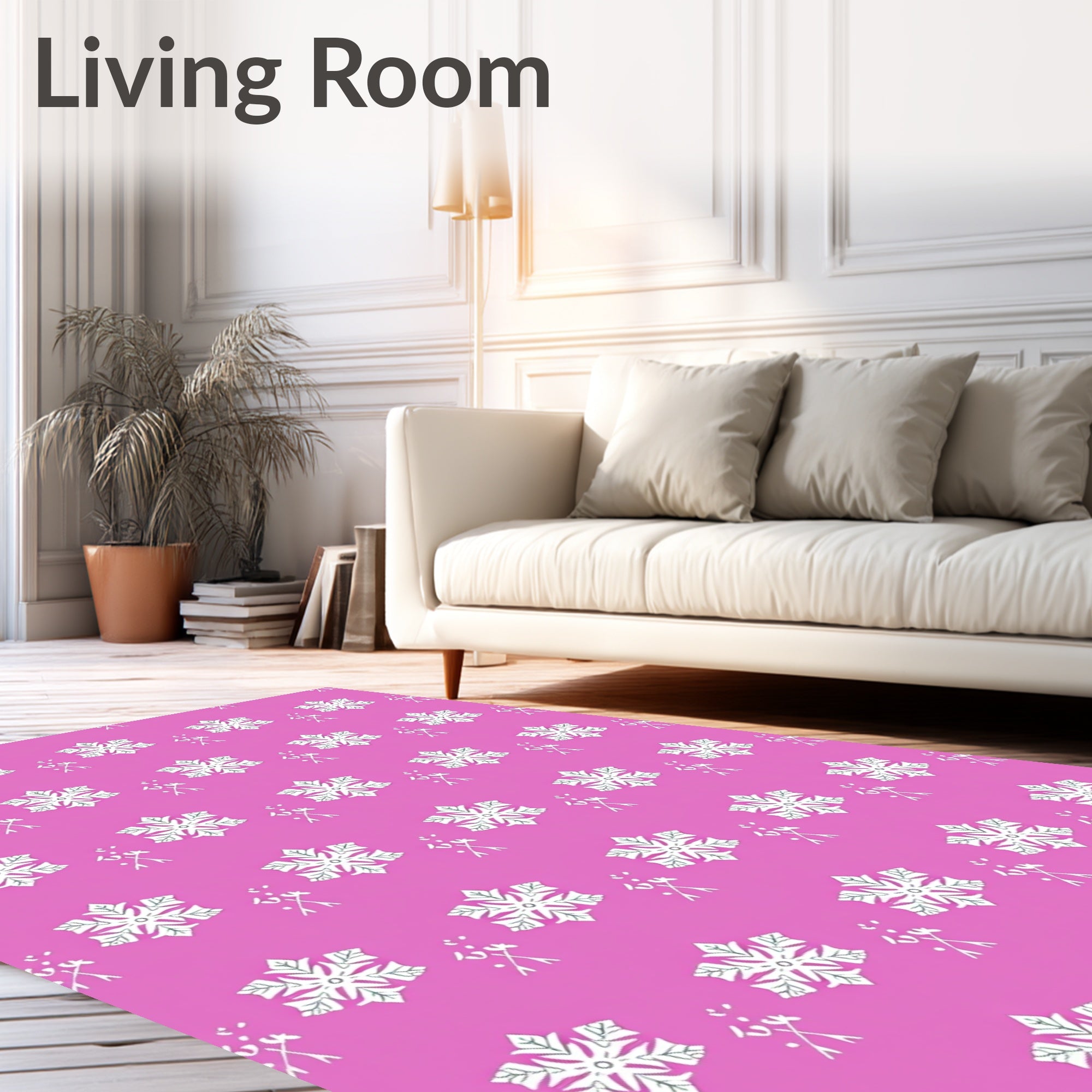 Pink White Snowflake Scatter Print Rug