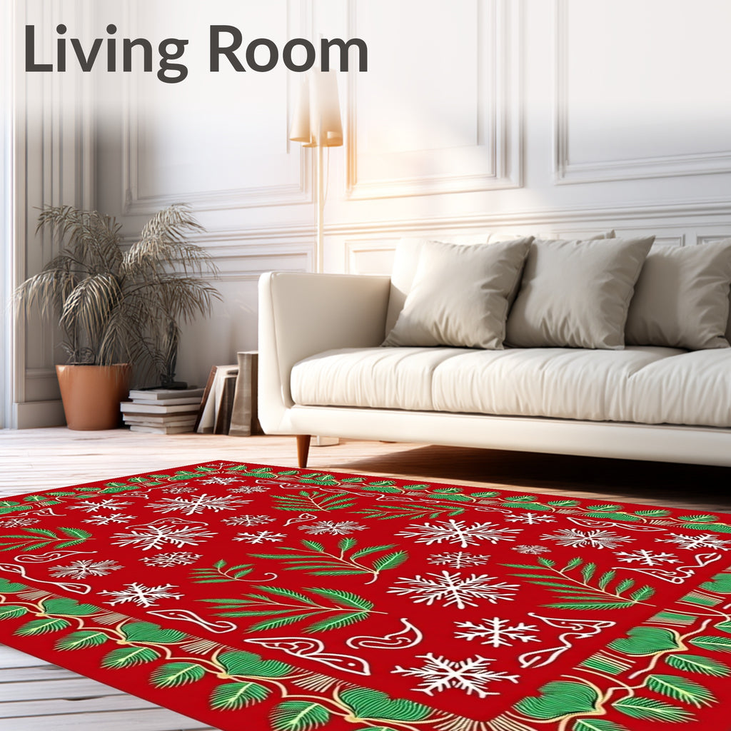 Red Snowflake Pine Branch Holiday Border Rug